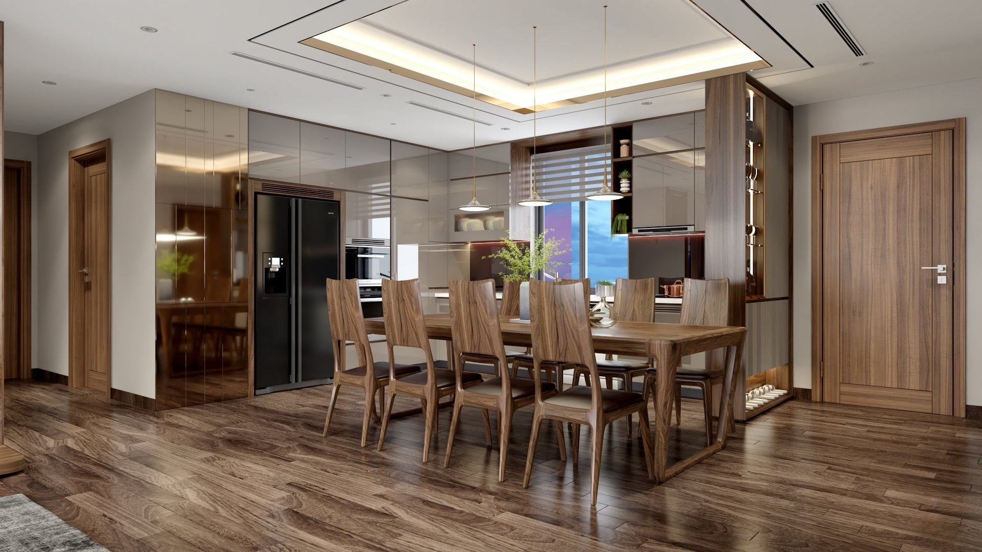 Phòng bếp chữ L hiện đại với tủ bếp acrylic trắng ghi và bàn ăn gỗ 8 ghế Phòng bếp chữ L hiện đại với tủ bếp acrylic trắng ghi và bàn ăn gỗ 8 ghế