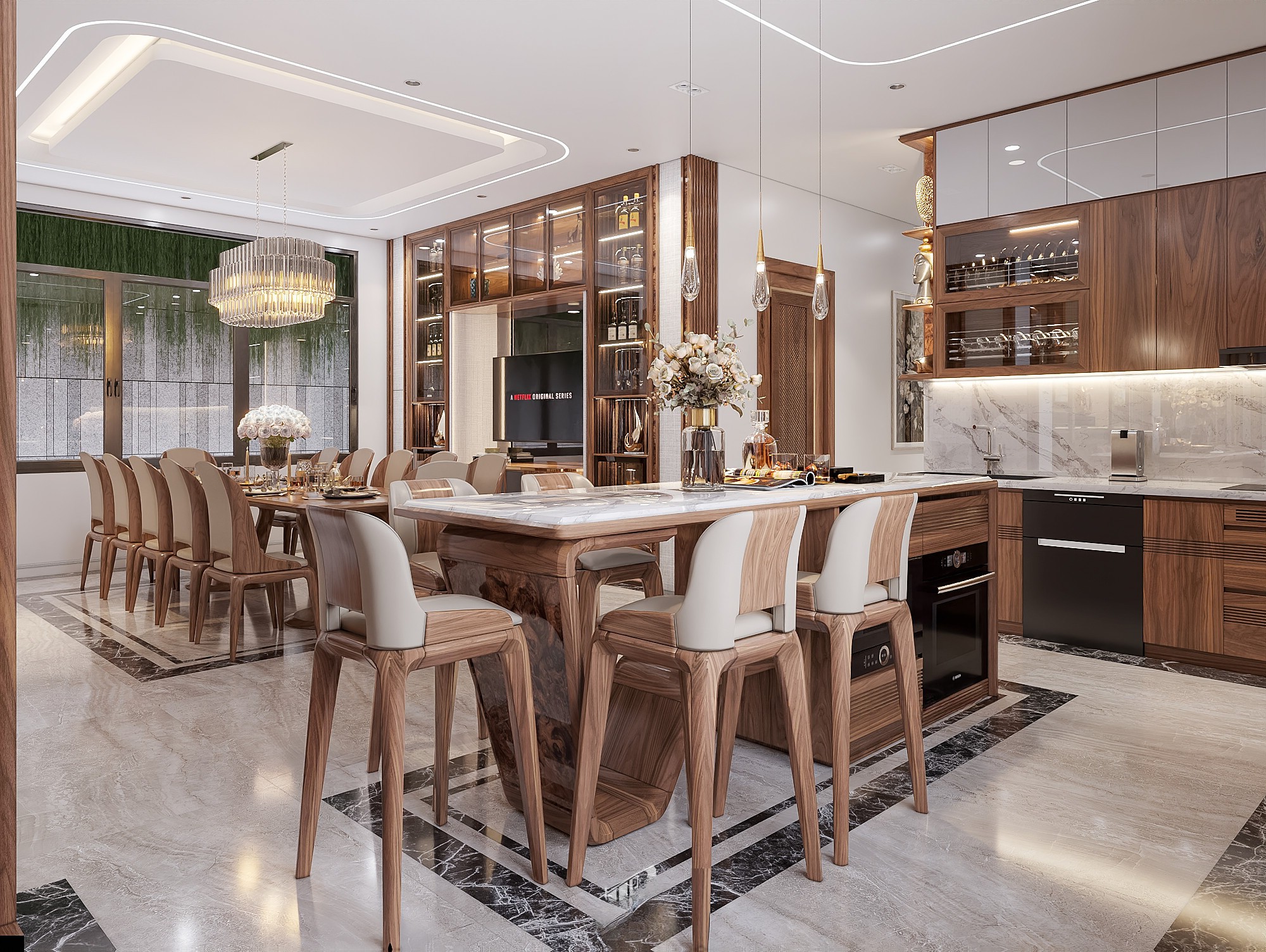 Phòng bếp có quầy bar mặt đá trắng loang be ghi hiện đại