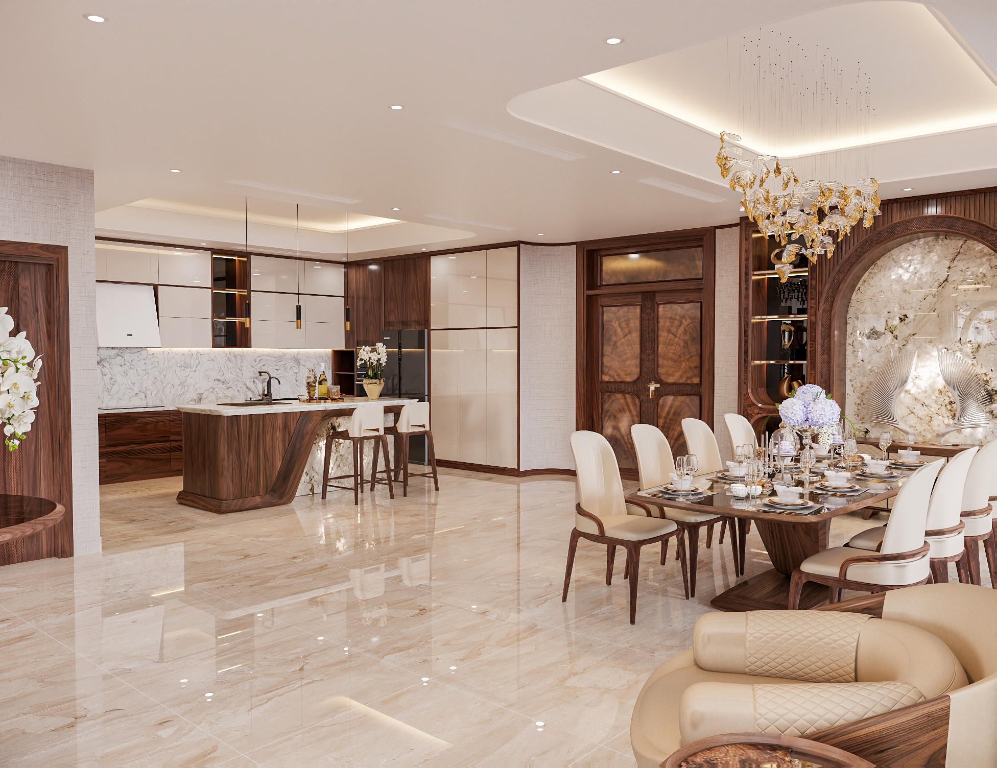 Mẫu phòng bếp đẹp đơn giản hiện đại với bàn ăn veneer nu và tủ bếp chữ L Mẫu phòng bếp đẹp đơn giản hiện đại với bàn ăn veneer nu và tủ bếp chữ L