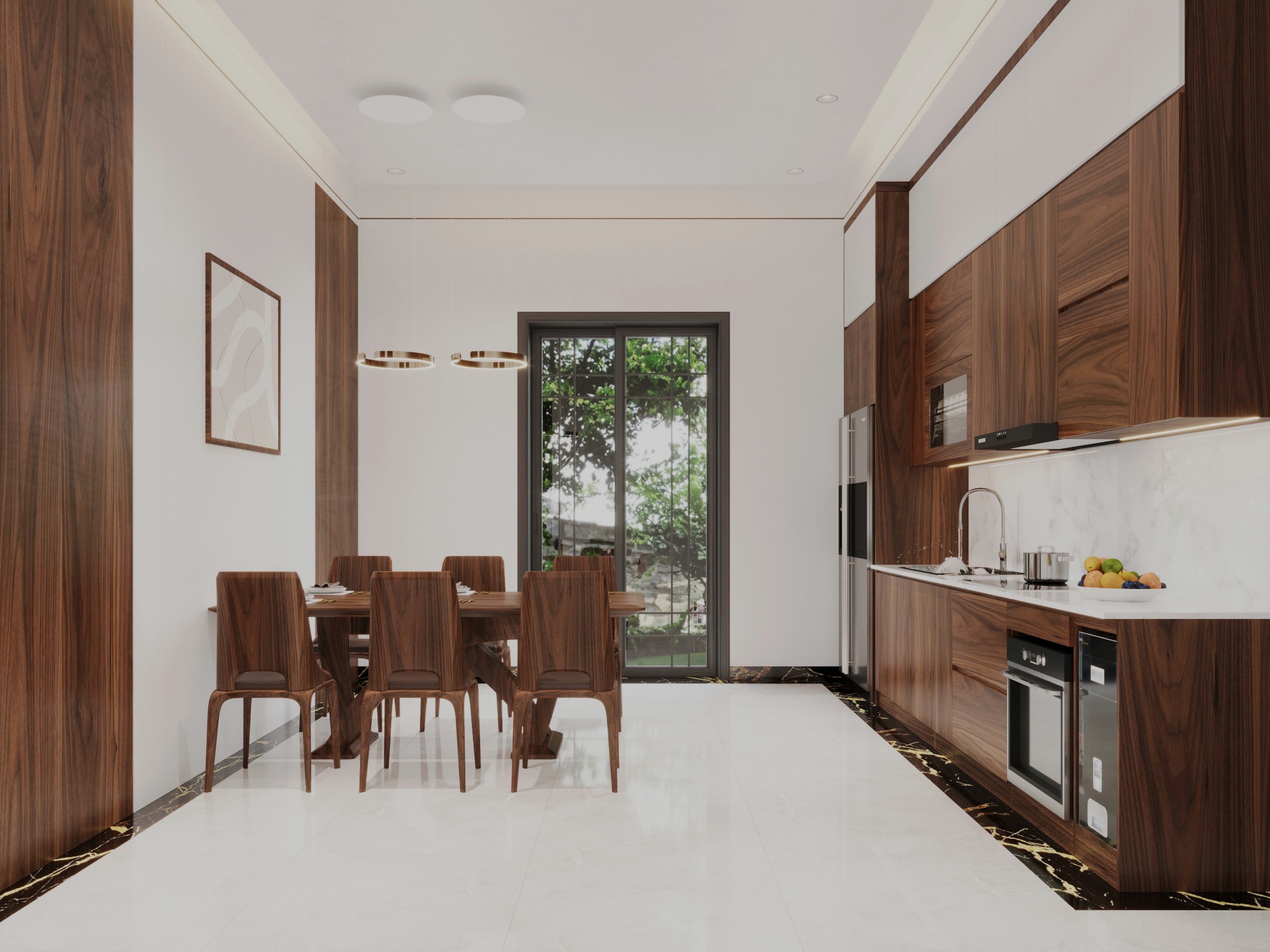 Phòng bếp đẹp nhà ống với tủ bếp chữ I gỗ óc chó và bàn ăn 6 ghế gỗ tự nhiên Phòng bếp đẹp nhà ống với tủ bếp chữ I gỗ óc chó và bàn ăn 6 ghế gỗ tự nhiên