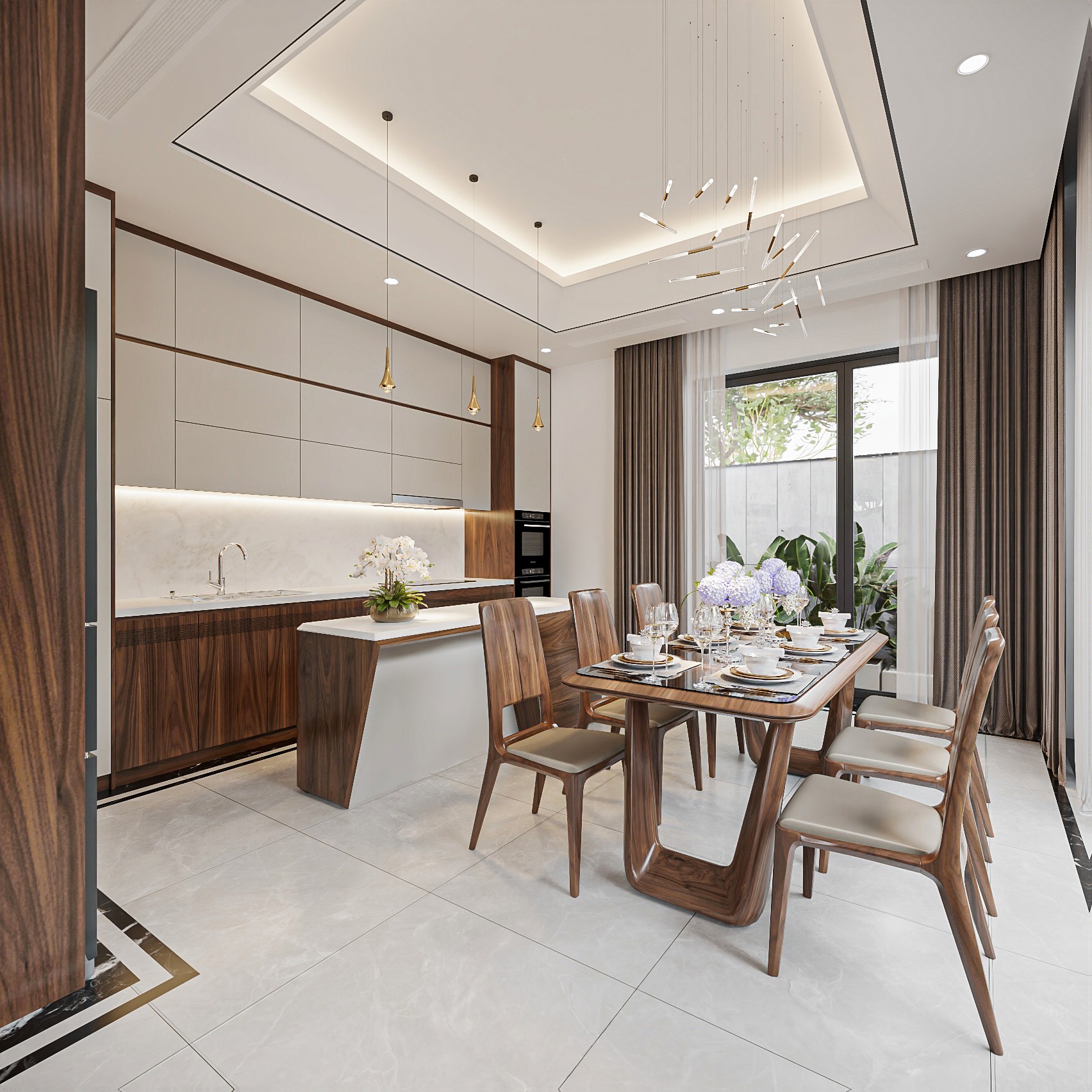 Phòng bếp đẹp và hiện đại với tủ bếp chữ I, bàn bar ốp đá trắng, bàn ăn gỗ kính và trần thạch cao giật cấp Phòng bếp đẹp và hiện đại với tủ bếp chữ I, bàn bar ốp đá trắng, bàn ăn gỗ kính và trần thạch cao giật cấp