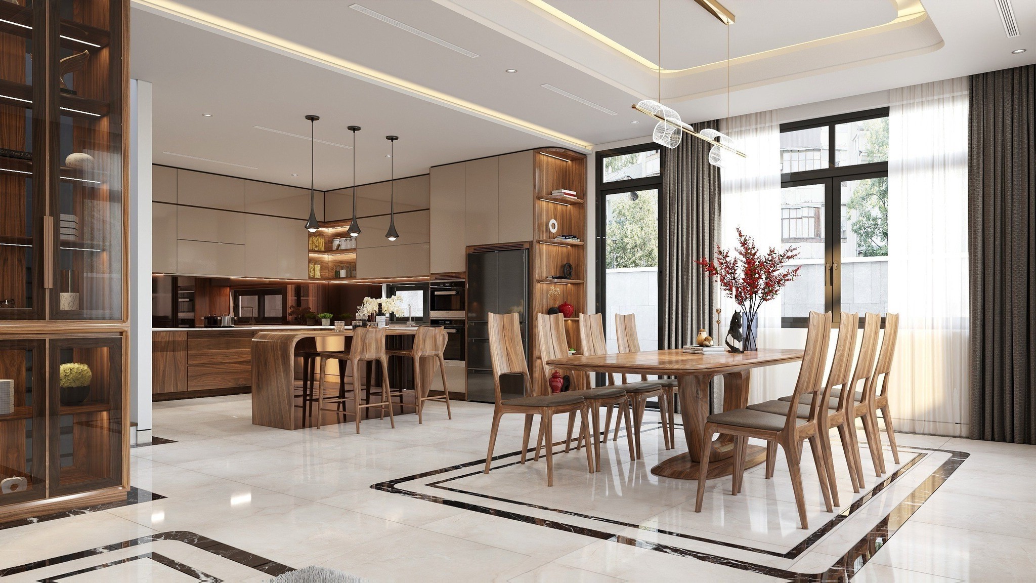 Phòng bếp đẹp với tủ bếp cao kịch trần làm từ gỗ Óc Chó và Acrylic trắng đục