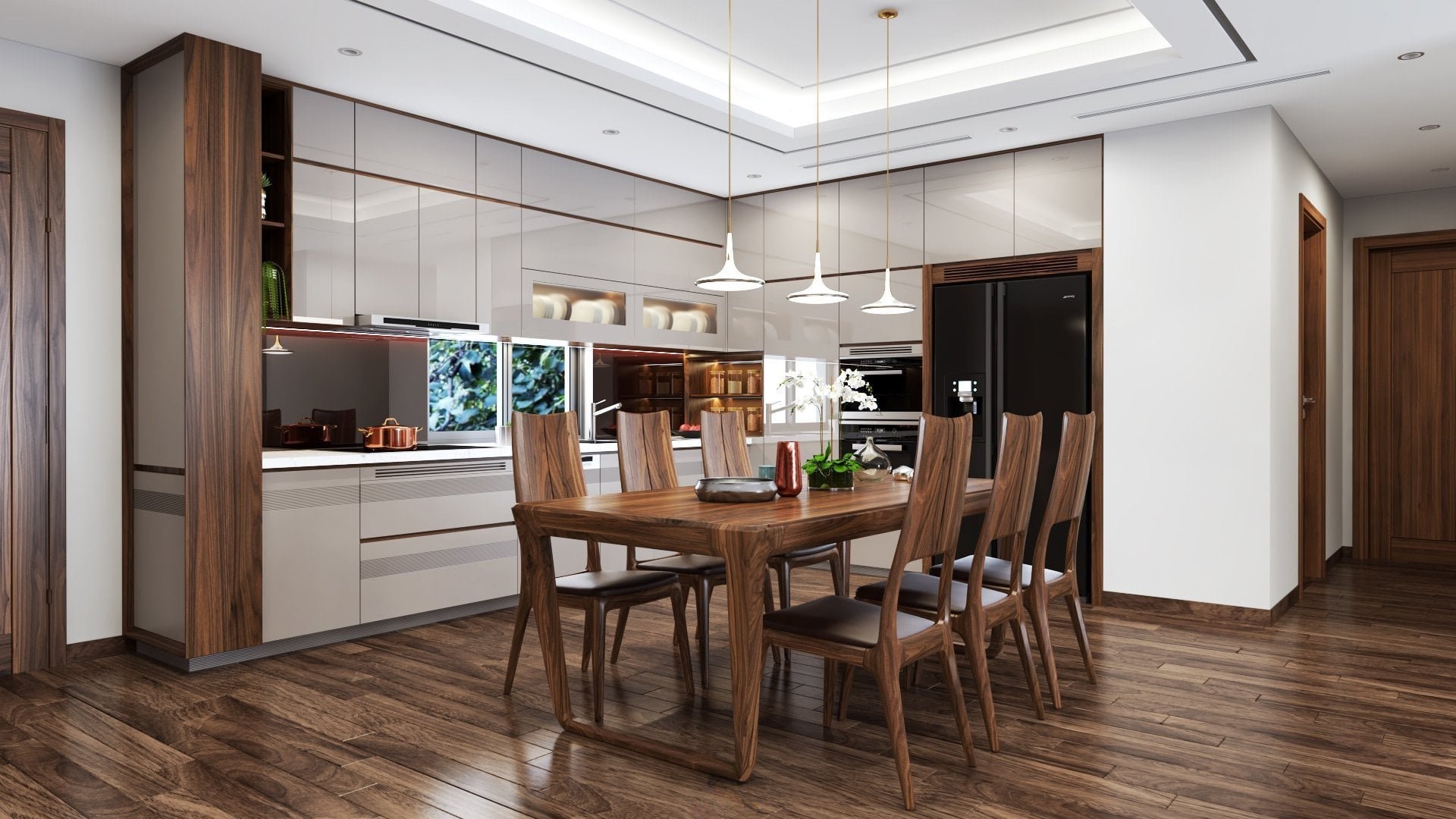 Phòng bếp đơn giản đẹp với bàn ăn gỗ óc chó và tủ bếp chữ L trắng hiện đại