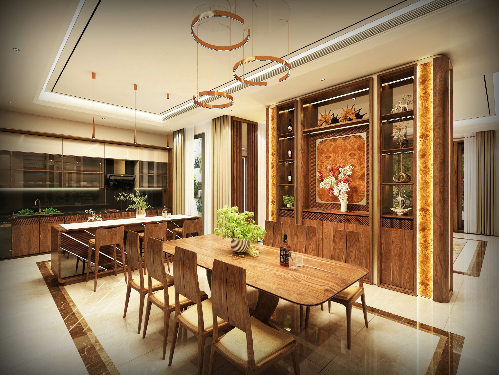 Phòng bếp gỗ óc chó đẹp với bàn ăn 8 ghế và bàn bar