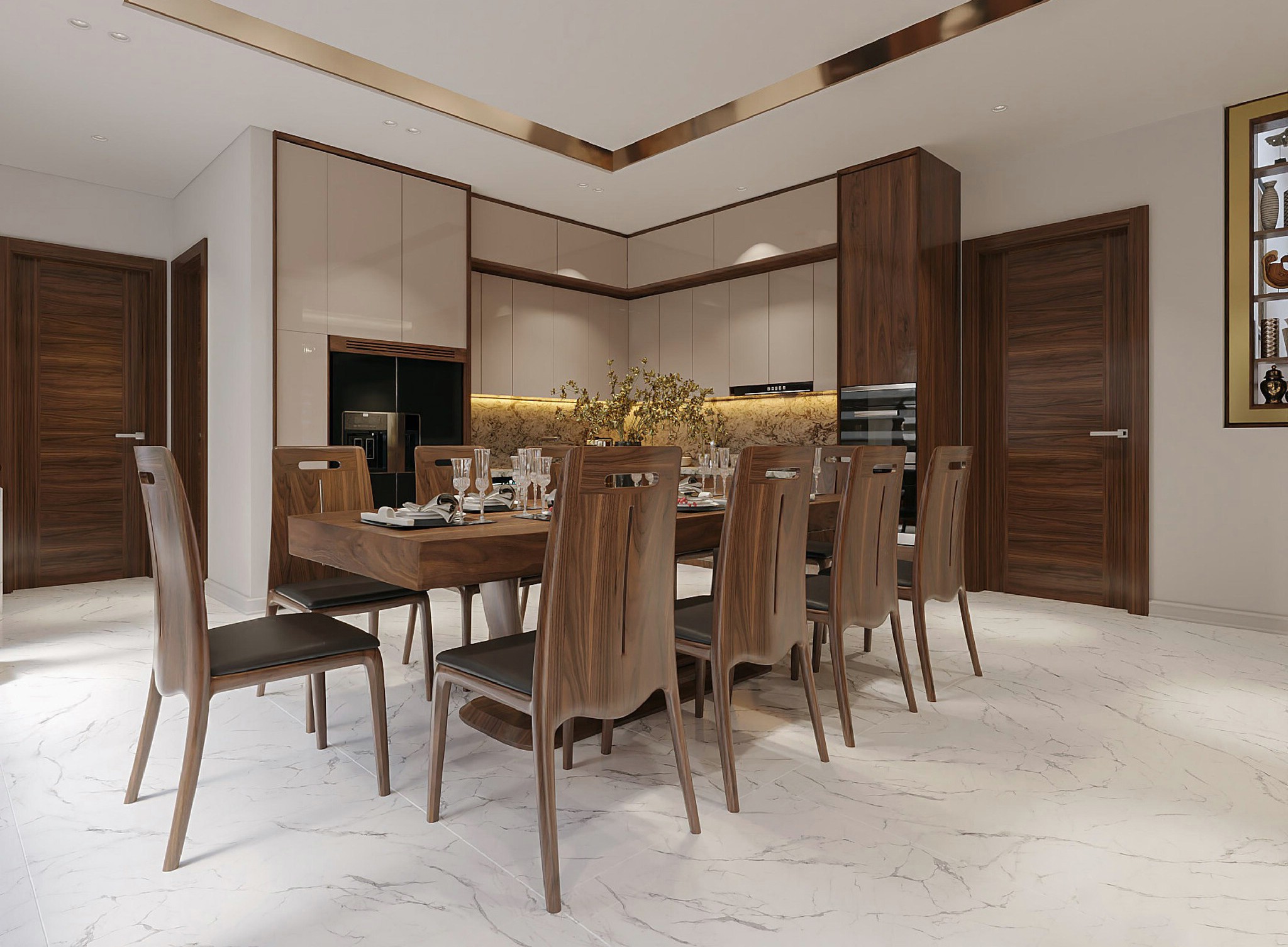 Phòng bếp gỗ hiện đại với bàn ăn nguyên khối và tủ bếp chữ L acrylic trắng Phòng bếp gỗ hiện đại với bàn ăn nguyên khối và tủ bếp chữ L acrylic trắng