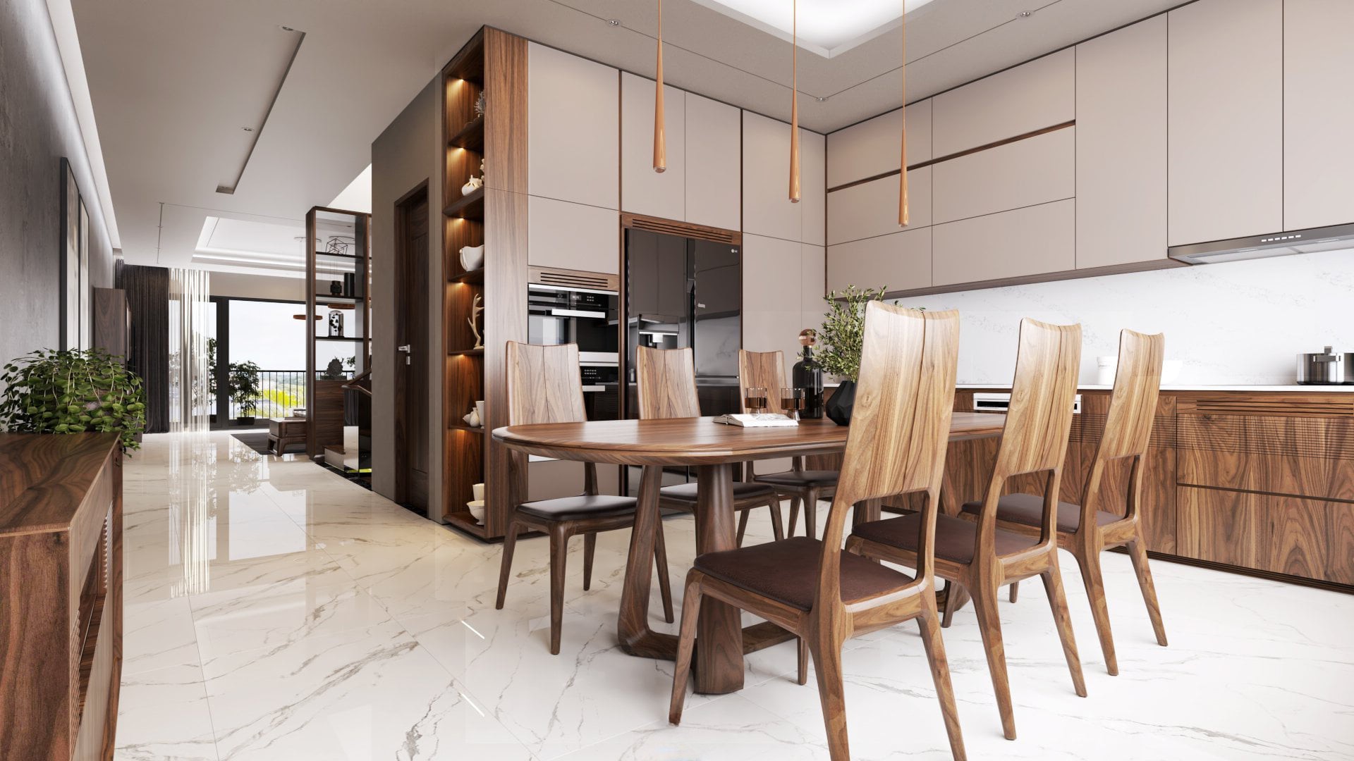 Phòng bếp hiện đại sang trọng với tủ bếp chữ L acrylic laminate và bàn ăn oval gỗ tự nhiên Phòng bếp hiện đại sang trọng với tủ bếp chữ L acrylic laminate và bàn ăn oval gỗ tự nhiên