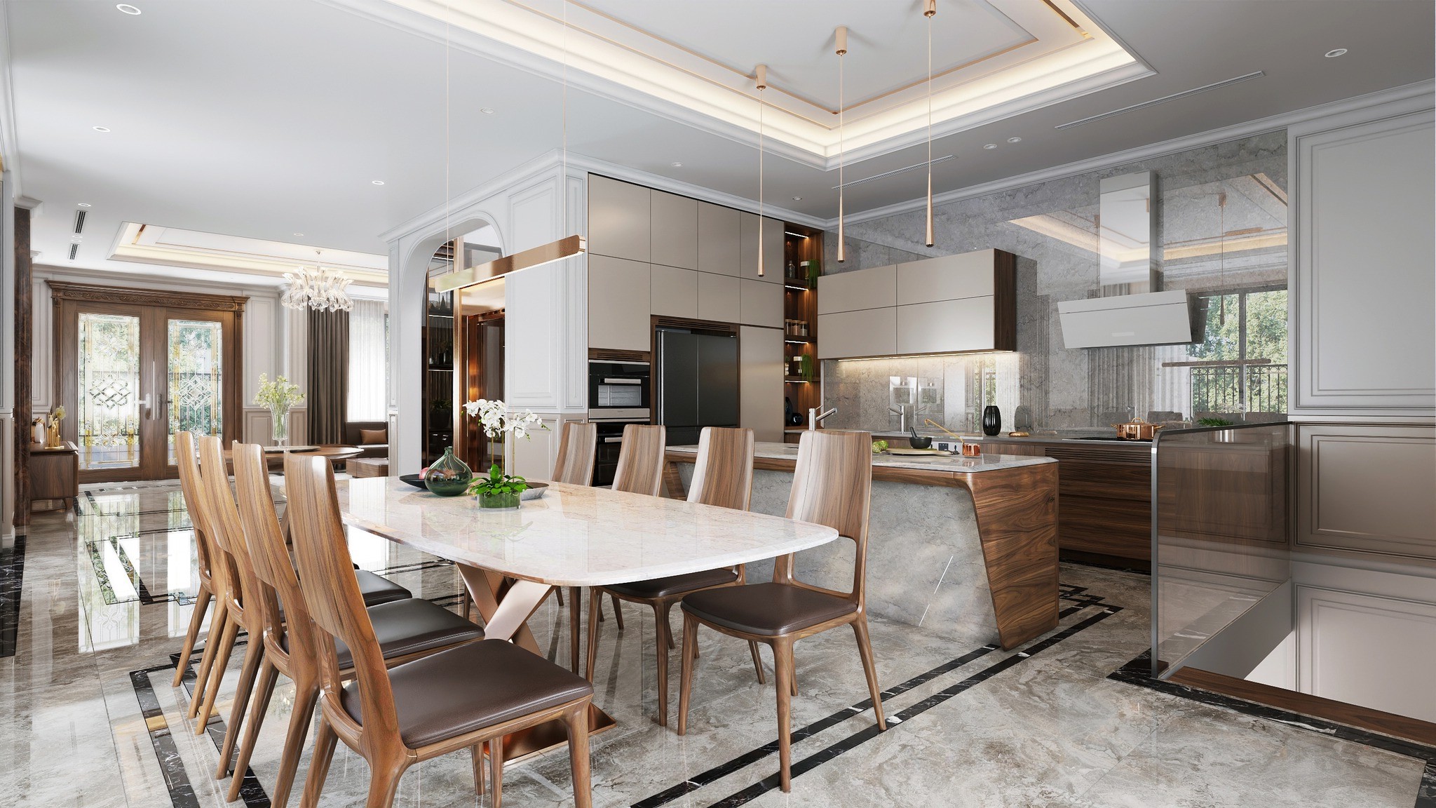 Phòng bếp rộng hiện đại với bàn ăn đá granite và tủ bếp chữ L acrylic sang trọng Phòng bếp rộng hiện đại với bàn ăn đá granite và tủ bếp chữ L acrylic sang trọng