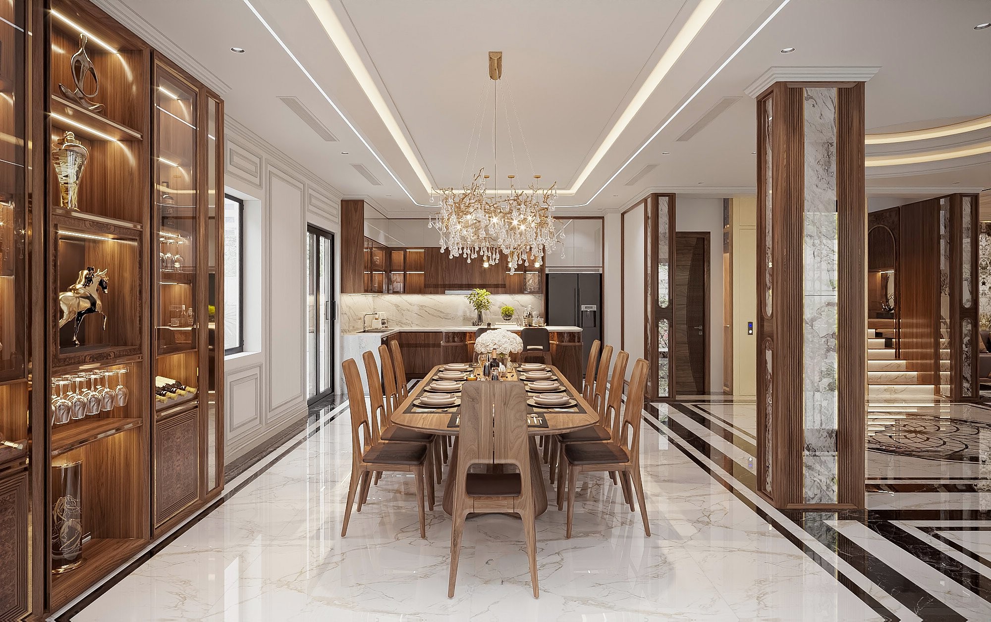 Phòng bếp sang trọng hiện đại với bàn ăn 10 ghế và bàn bar veneer nu