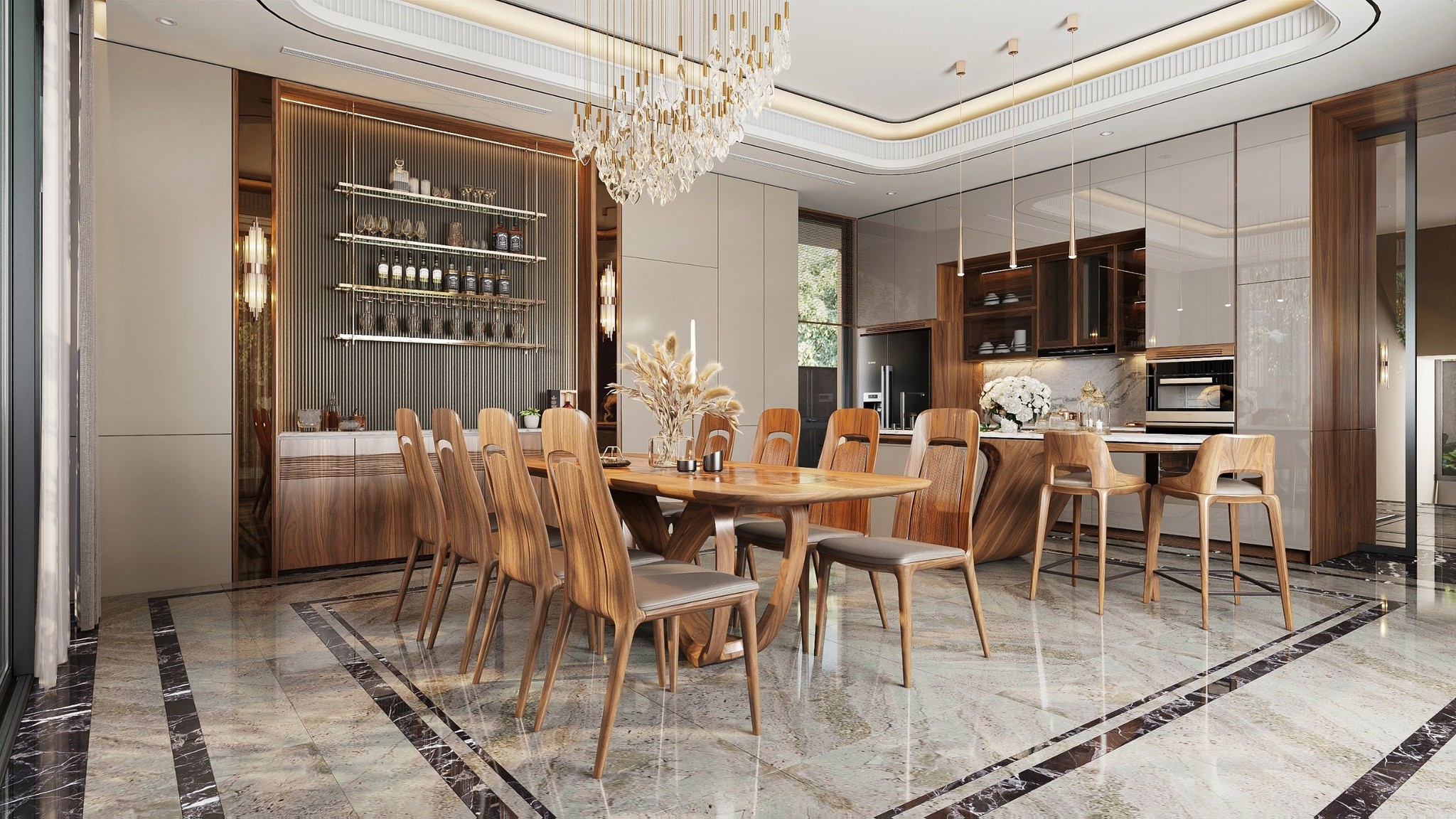 Phòng bếp sang trọng với bàn ăn 8 ghế, tủ bếp chữ I và bàn bar ốp đá trắng hiện đại Phòng bếp sang trọng với bàn ăn 8 ghế, tủ bếp chữ I và bàn bar ốp đá trắng hiện đại