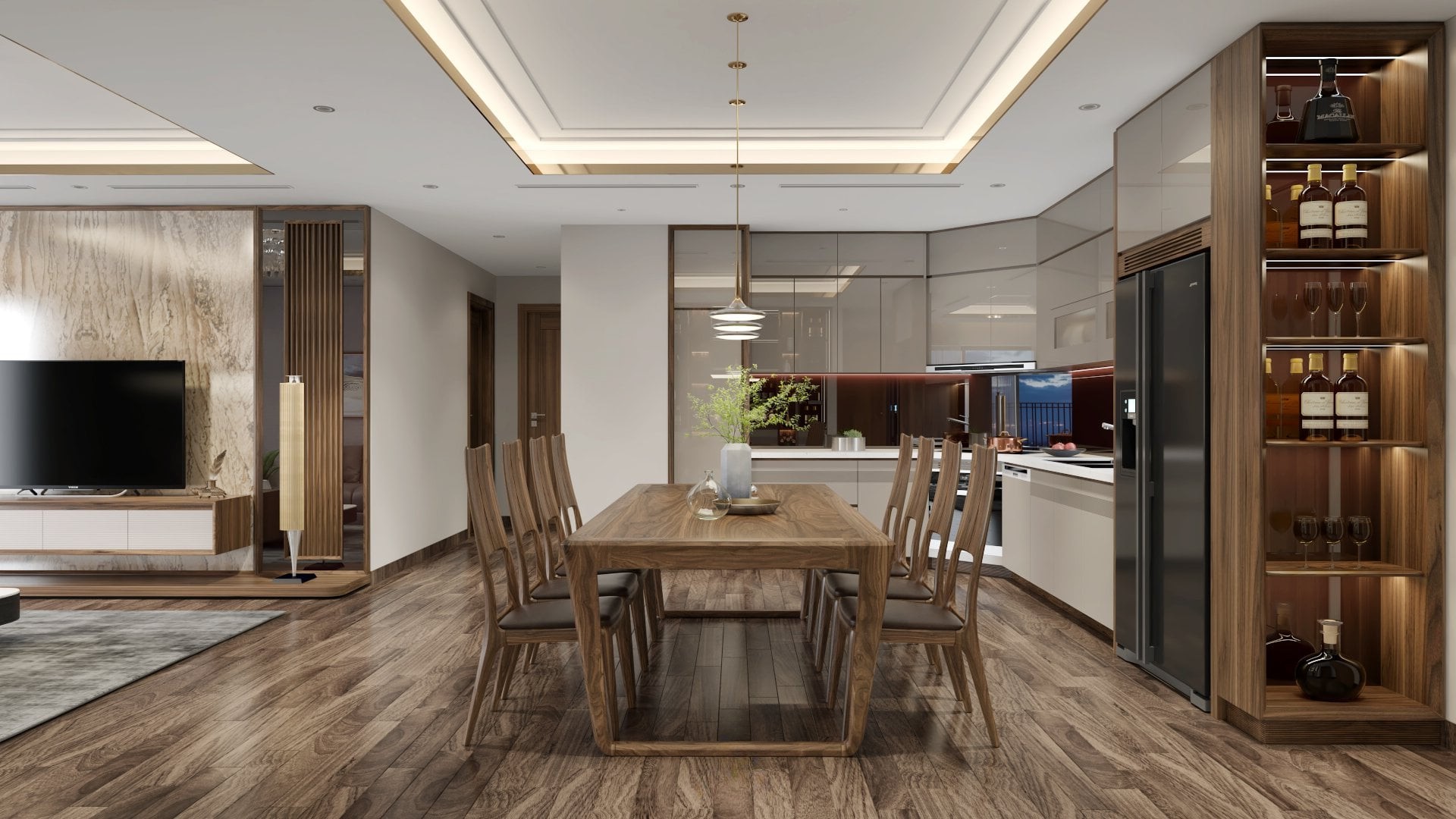 Mẫu phòng bếp thoáng đẹp với bàn ăn gỗ và tủ bếp chữ L hiện đại Phòng bếp thoáng đẹp hiện đại gỗ óc chó nâu gụ