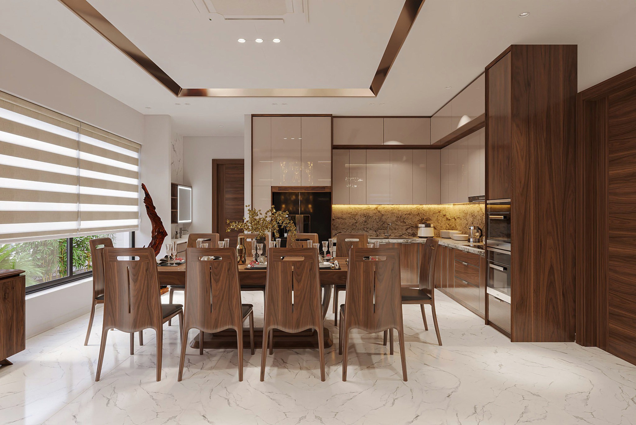 Phòng bếp và phòng ăn hiện đại gỗ tự nhiên