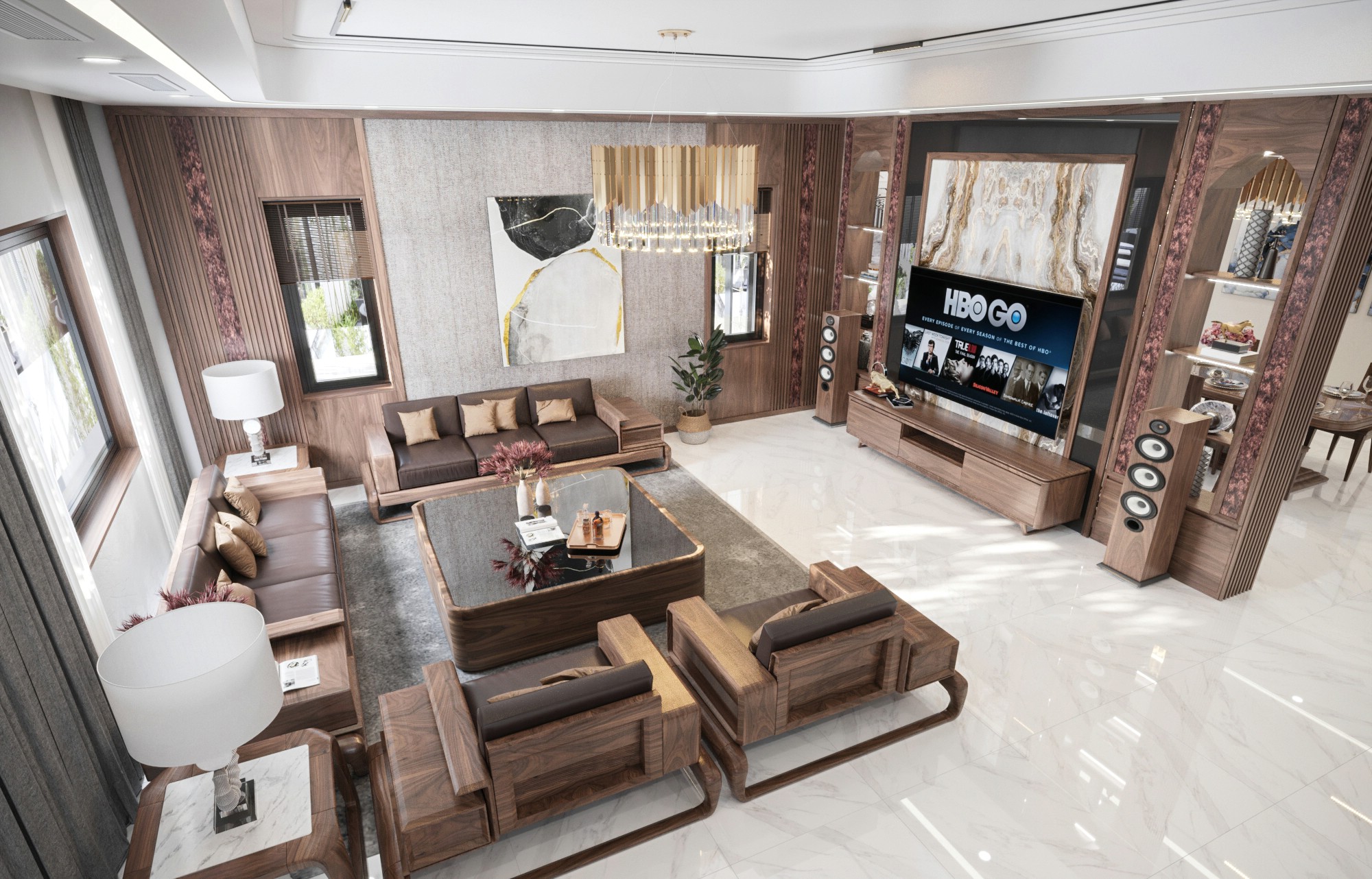 Phong cách thiết kế phòng khách hiện đại với sofa gỗ óc chó và vách ngăn ốp đá Phong cách thiết kế phòng khách hiện đại với sofa gỗ óc chó và vách ngăn ốp đá
