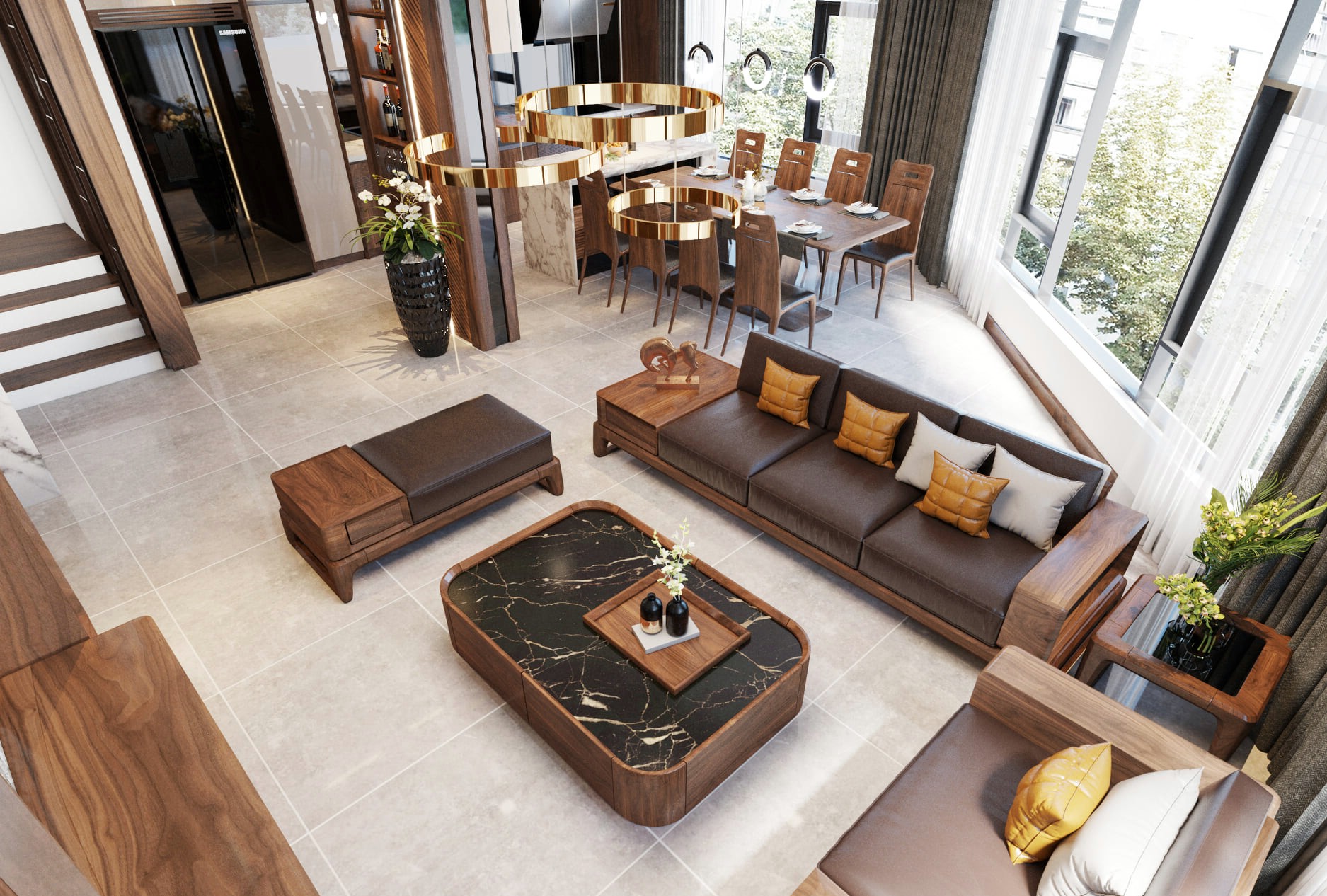 Mẫu phòng khách bếp liên thông nội thất gỗ tự nhiên