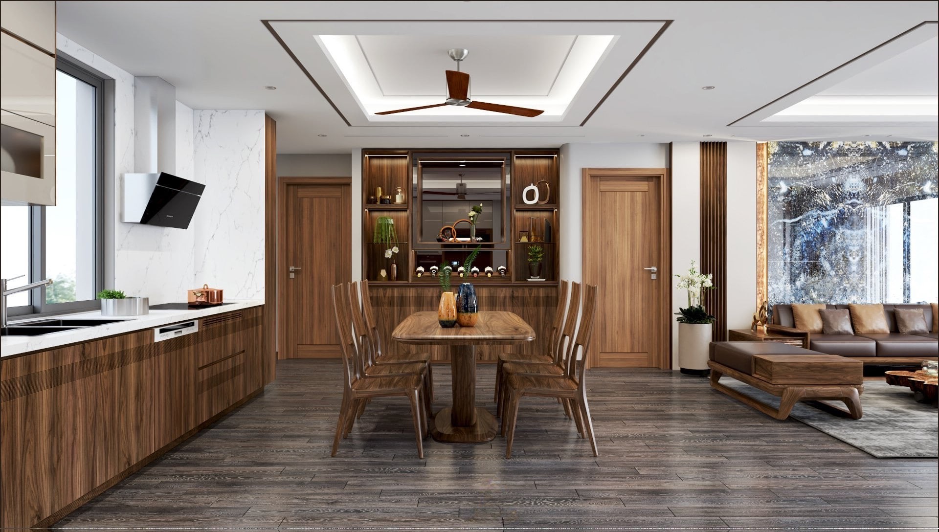 Phòng khách bếp thông nhau với nội thất gỗ tự nhiên