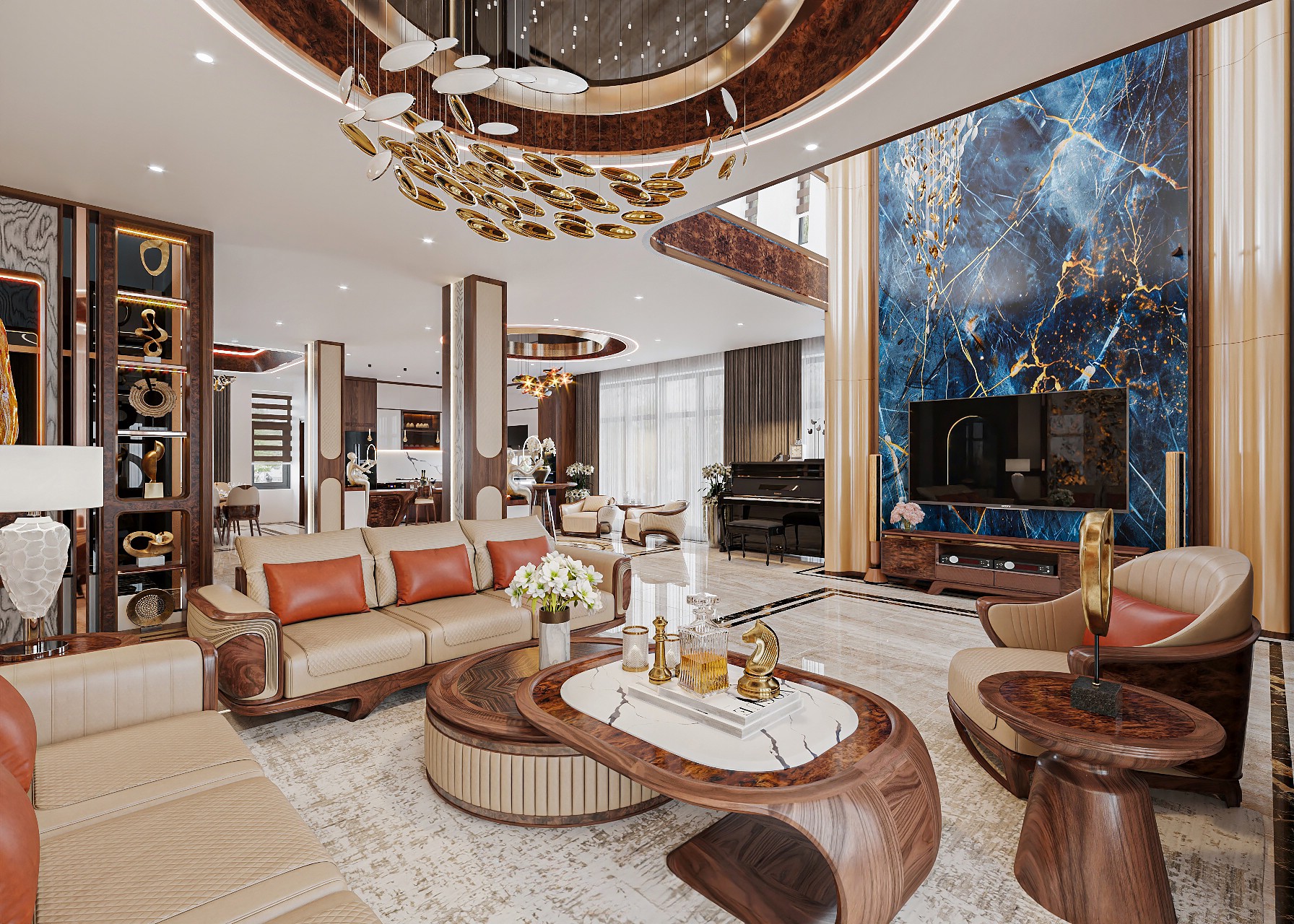 Phòng khách bếp liền kề với sofa gỗ da be chần caro, bàn trà đá trắng và kệ tivi veneer nu sang trọng Phòng khách bếp liền kề với sofa gỗ da be chần caro, bàn trà đá trắng và kệ tivi veneer nu sang trọng