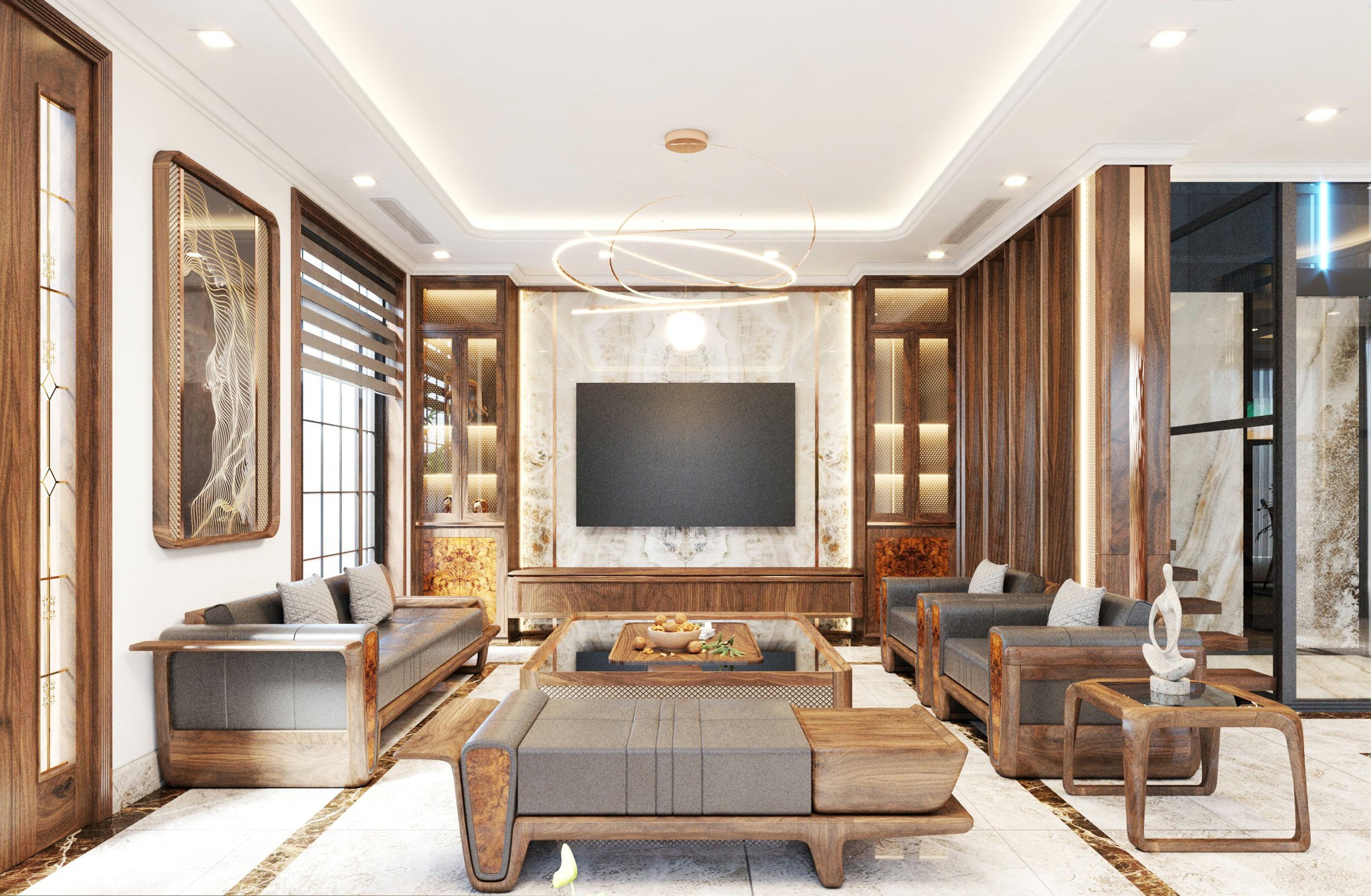 Phòng khách đẹp bằng gỗ sồi nâu vàng với sofa và kệ tivi CNC