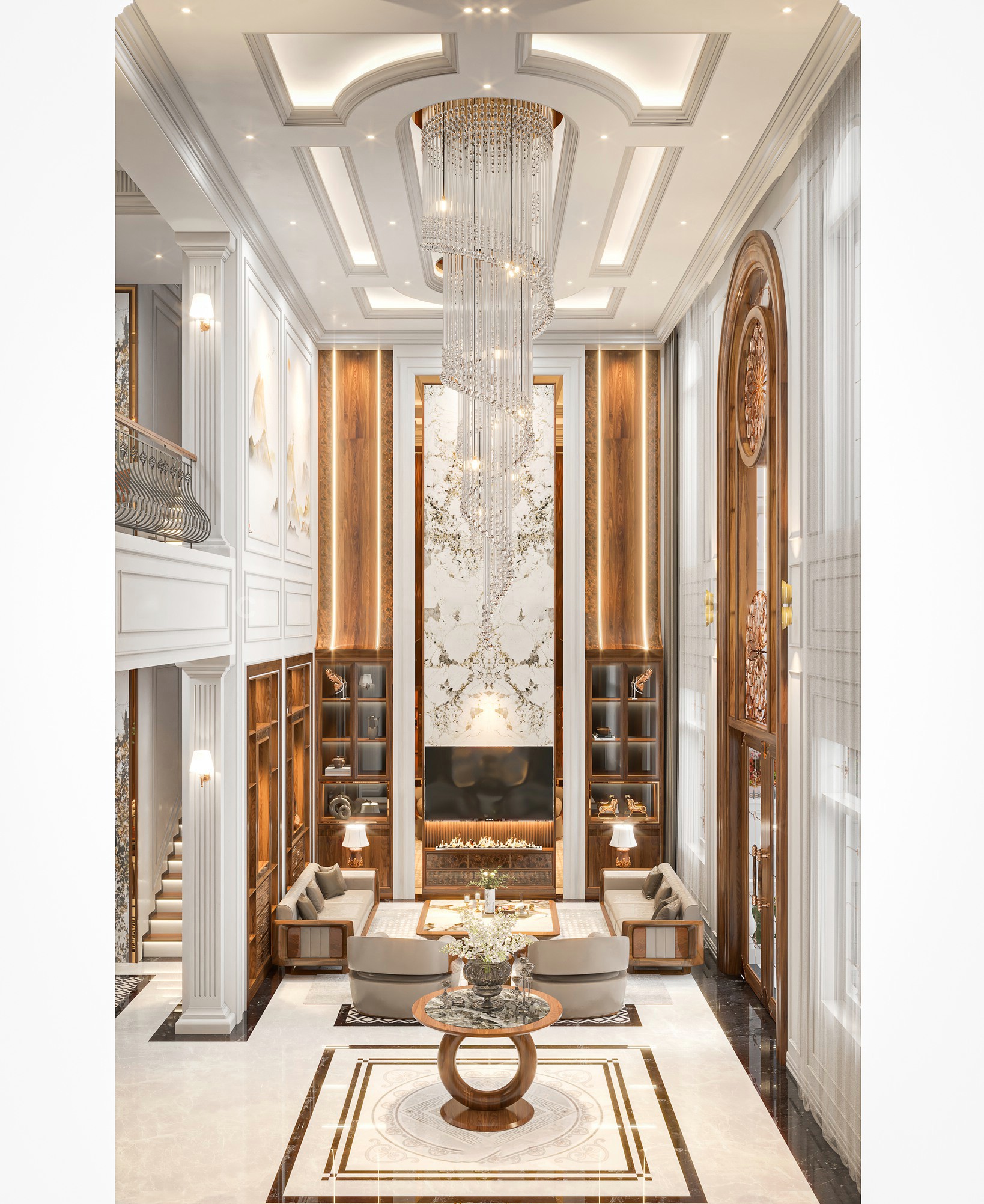 Mẫu phòng khách đẹp biệt thự sang trọng với sofa da ghi và kệ tivi lò sưởi điện Phòng khách đẹp biệt thự hiện đại tone trắng – nâu, sofa da ghi nhạt và tường ốp đá nhân tạo