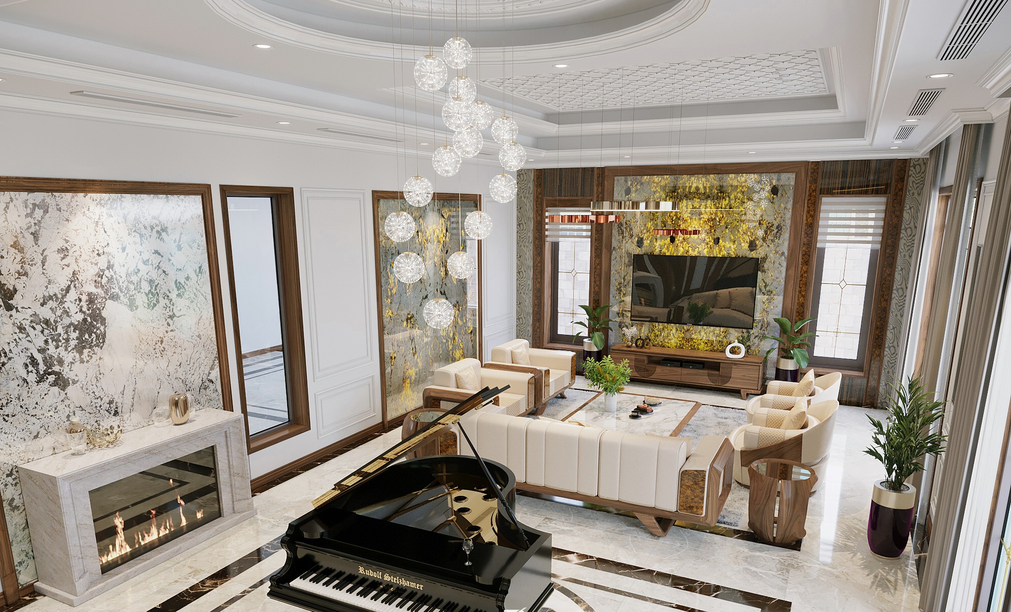 Phòng khách đẹp nhất với tường ốp Onyx xuyên sáng, sofa gỗ da kem và bàn trà trung tâm Phòng khách đẹp nhất với tường ốp Onyx xuyên sáng, sofa gỗ da kem và bàn trà trung tâm