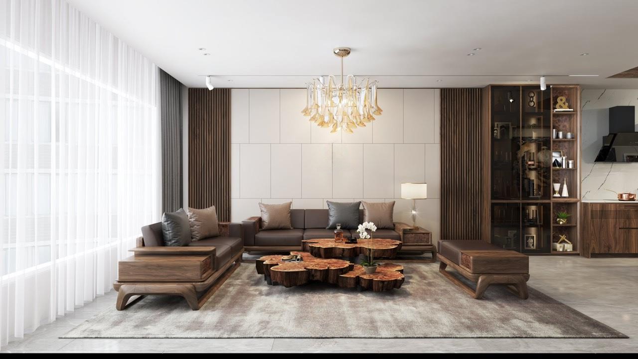 Mẫu phòng khách sofa gỗ hiện đại – sang trọng và ấm áp Phòng khách sofa gỗ óc chó nâu gụ với bàn trà epoxy sang trọng
