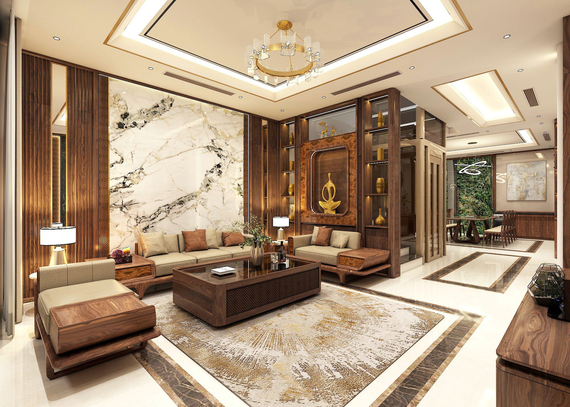 Phòng khách và bếp đẹp thông sàn hiện đại