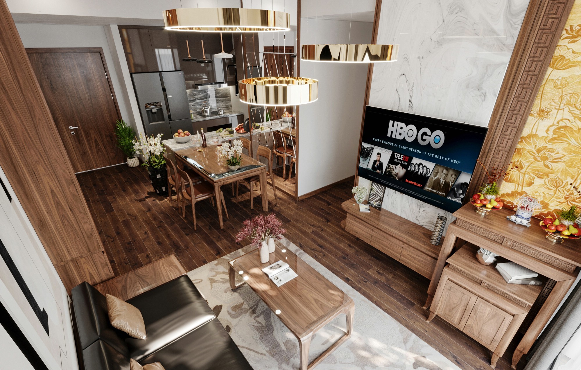 Thiết kế phòng khách và bếp liên thông hiện đại, ấm áp Phòng khách và bếp liên thông với sofa gỗ, bàn ăn và tủ bếp acrylic nâu nhạt