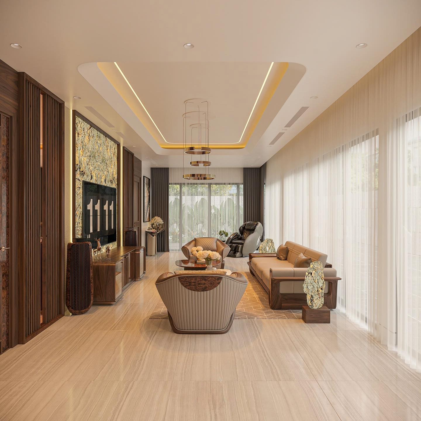 Phòng khách cao cấp 40m2 với sofa gỗ óc chó, kính lớn và đá xuyên sáng