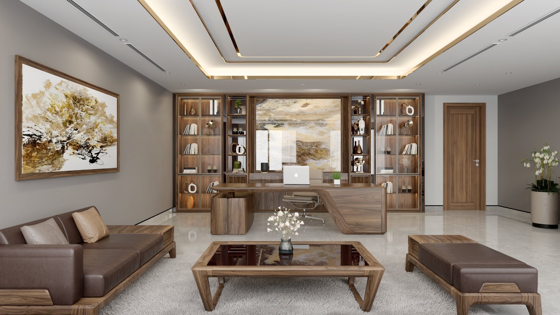 Phòng làm việc sang trọng với sofa da nâu và bàn làm việc gỗ