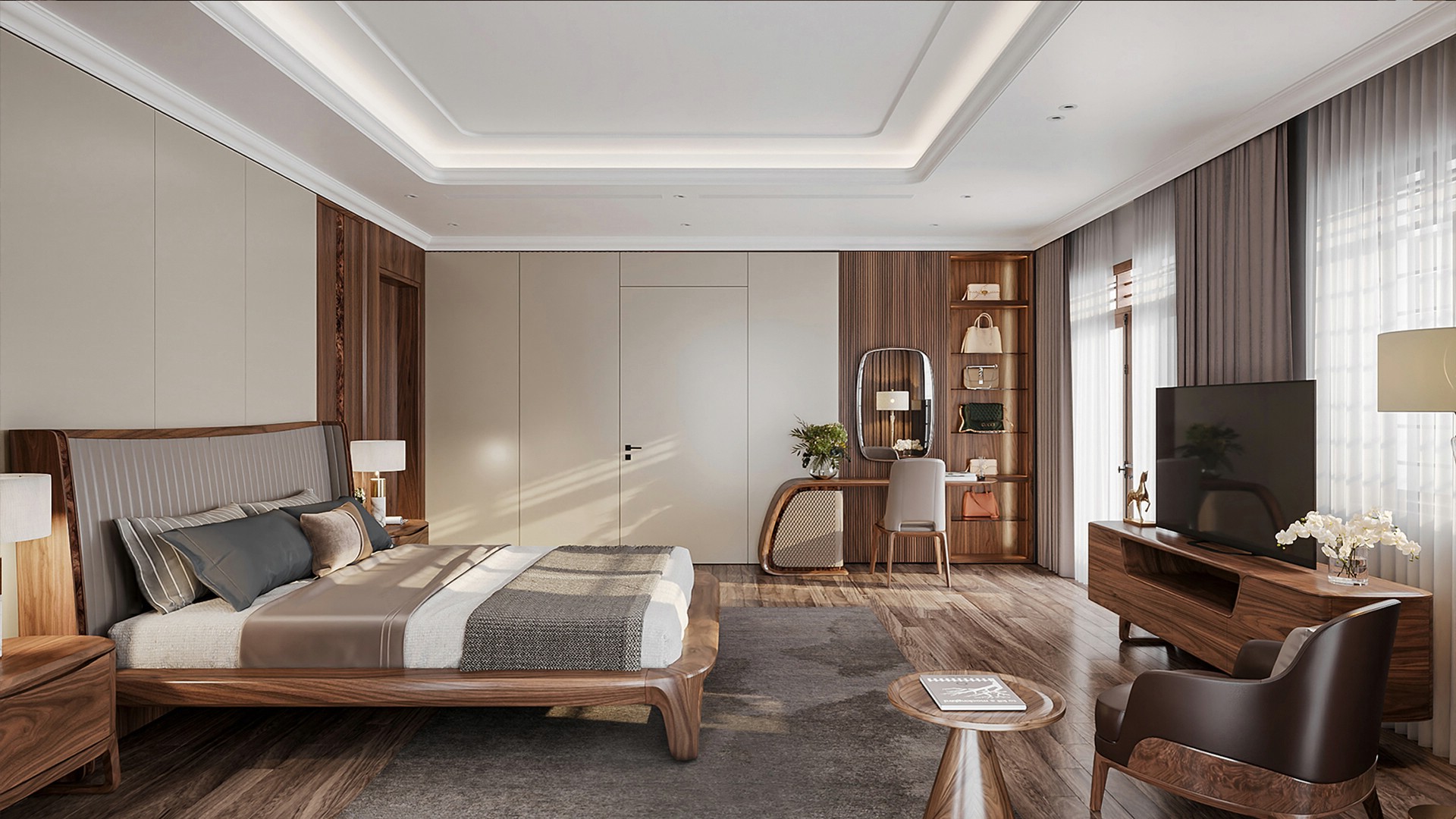 Phòng ngủ đẹp với nội thất gỗ tự nhiên và màu trầm ấm