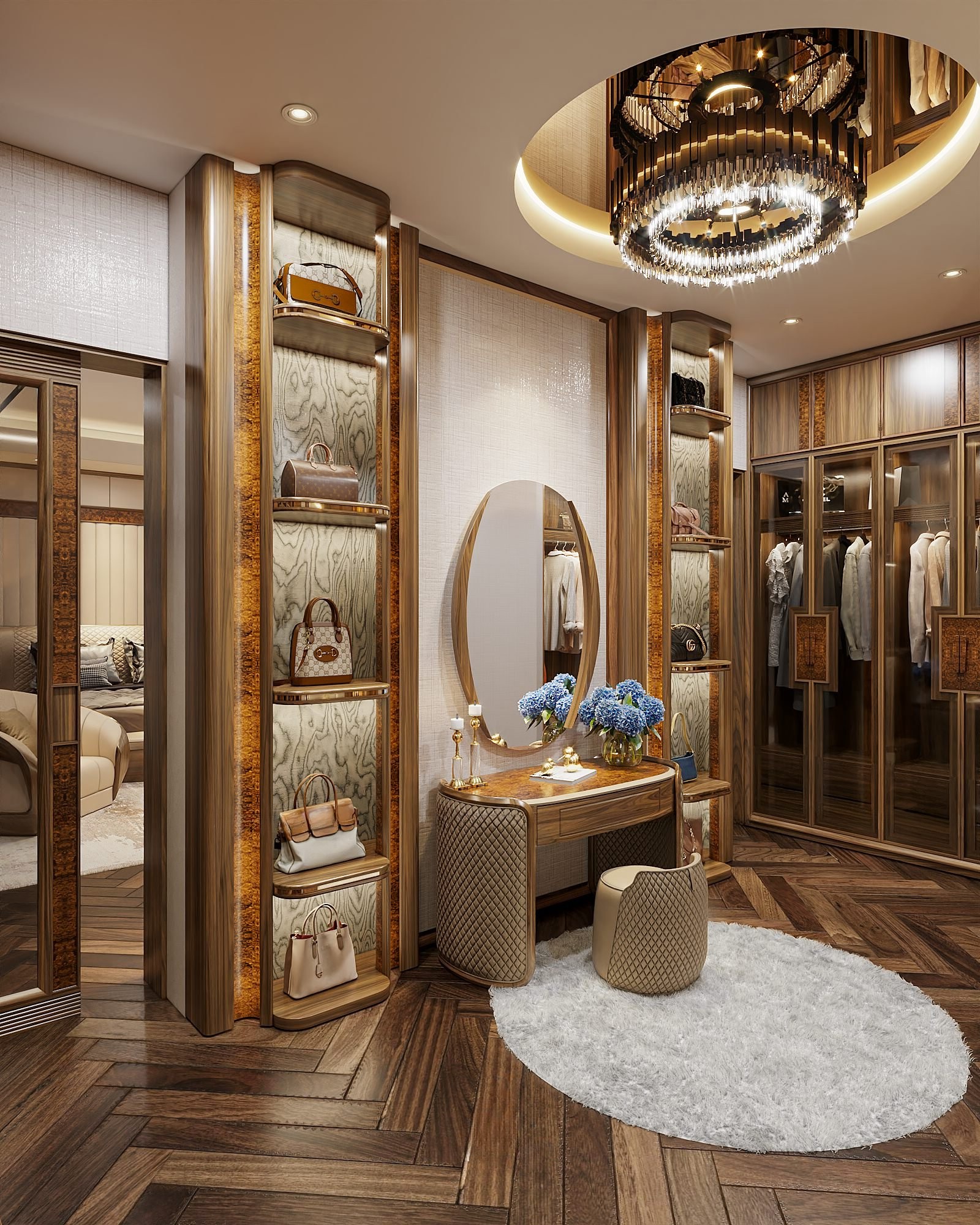 Thiết kế phòng ngủ liền phòng thay đồ hiện đại với bàn trang điểm veneer nu và tủ áo kính cao kịch trần Thiết kế phòng ngủ liền phòng thay đồ hiện đại với bàn trang điểm veneer nu và tủ áo kính cao kịch trần