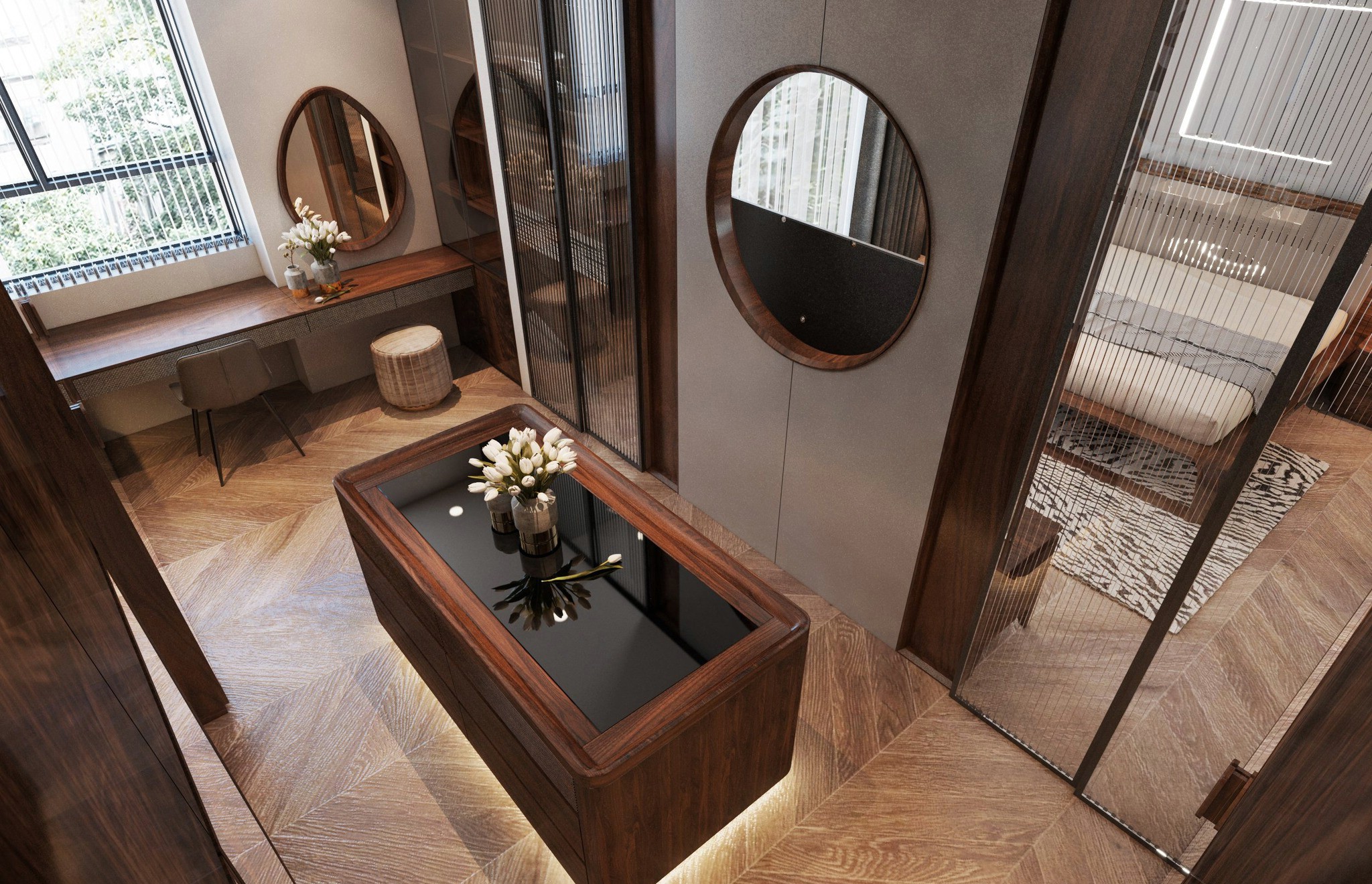 Phòng ngủ và phòng thay đồ hiện đại với vách ngăn acrylic trắng và giường gỗ tự nhiên