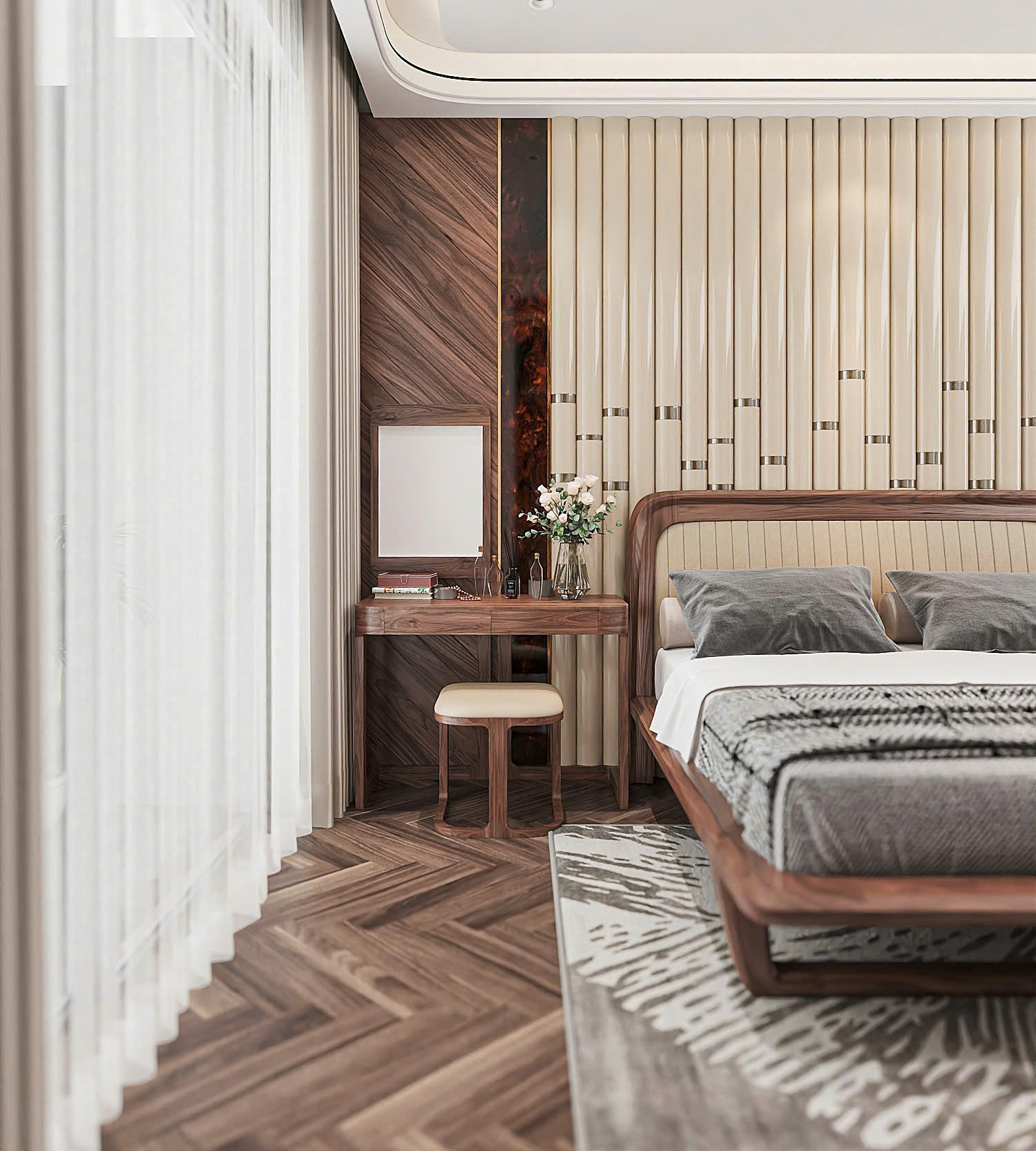 Phong thủy bàn trang điểm gỗ tự nhiên màu nâu đậm với gương treo tường hình chữ nhật