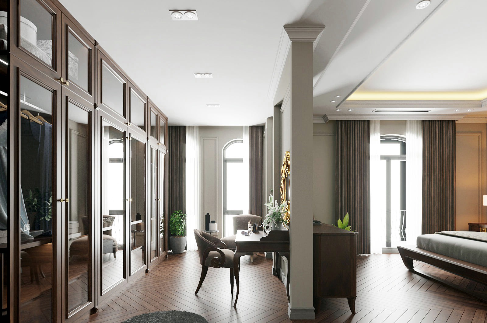 Tủ quần áo chữ I cao kịch trần cánh kính trong suốt màu gỗ nâu vân đen