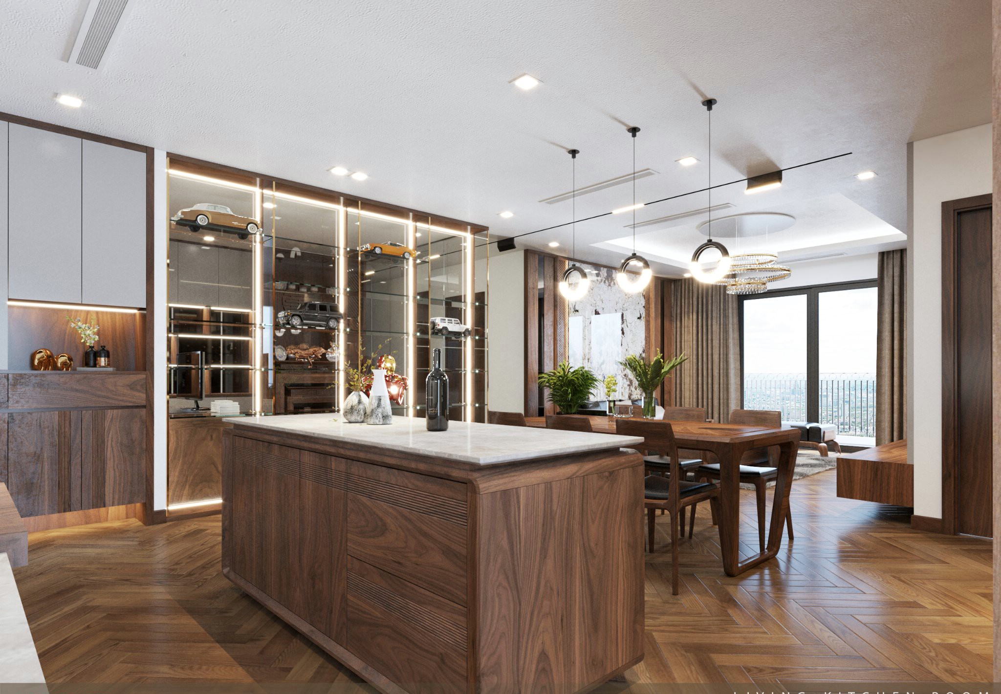 Quầy bar bếp chung cư gỗ tự nhiên mặt đá ceramic