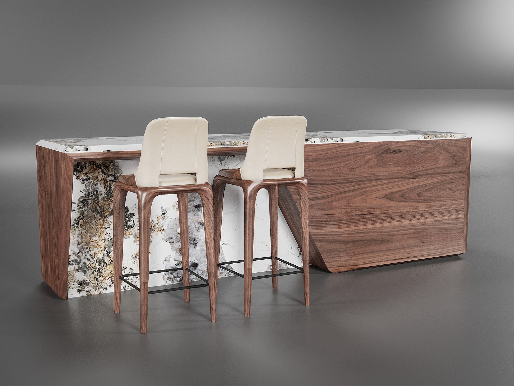 Mẫu quầy bar bếp gỗ tự nhiên kết hợp mặt đá granite trắng loang đen vàng với ghế da trắng kem Mẫu quầy bar bếp gỗ tự nhiên kết hợp mặt đá granite trắng loang đen vàng với ghế da trắng kem
