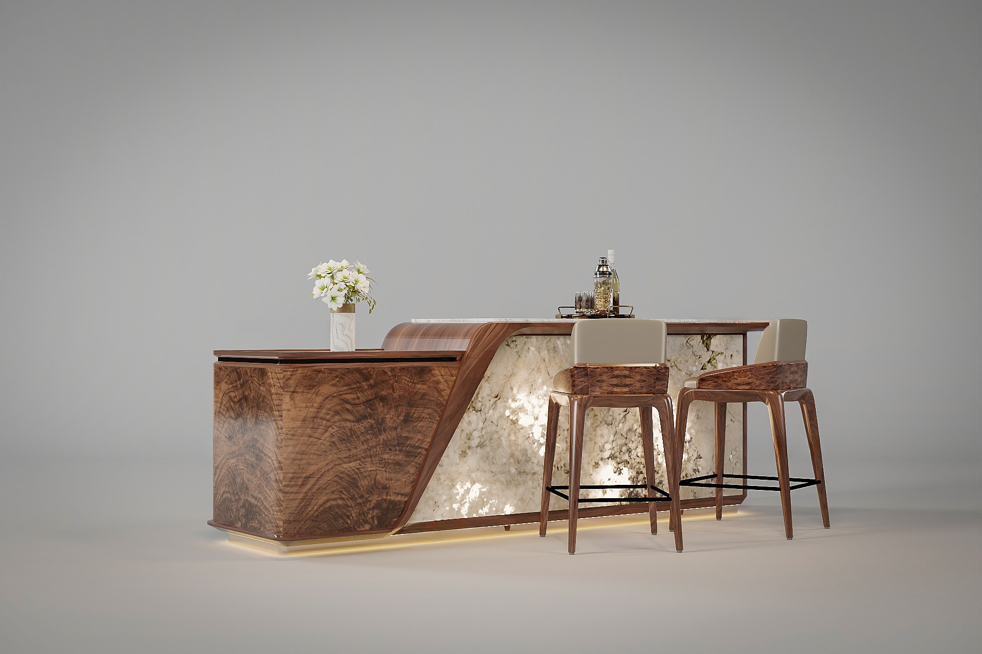 Quầy bar đẹp trong nhà hiện đại kết hợp veneer nu và tấm PVC xuyên sáng OnyX trắng đục vàng Quầy bar đẹp trong nhà hiện đại kết hợp veneer nu và tấm PVC xuyên sáng OnyX trắng đục vàng