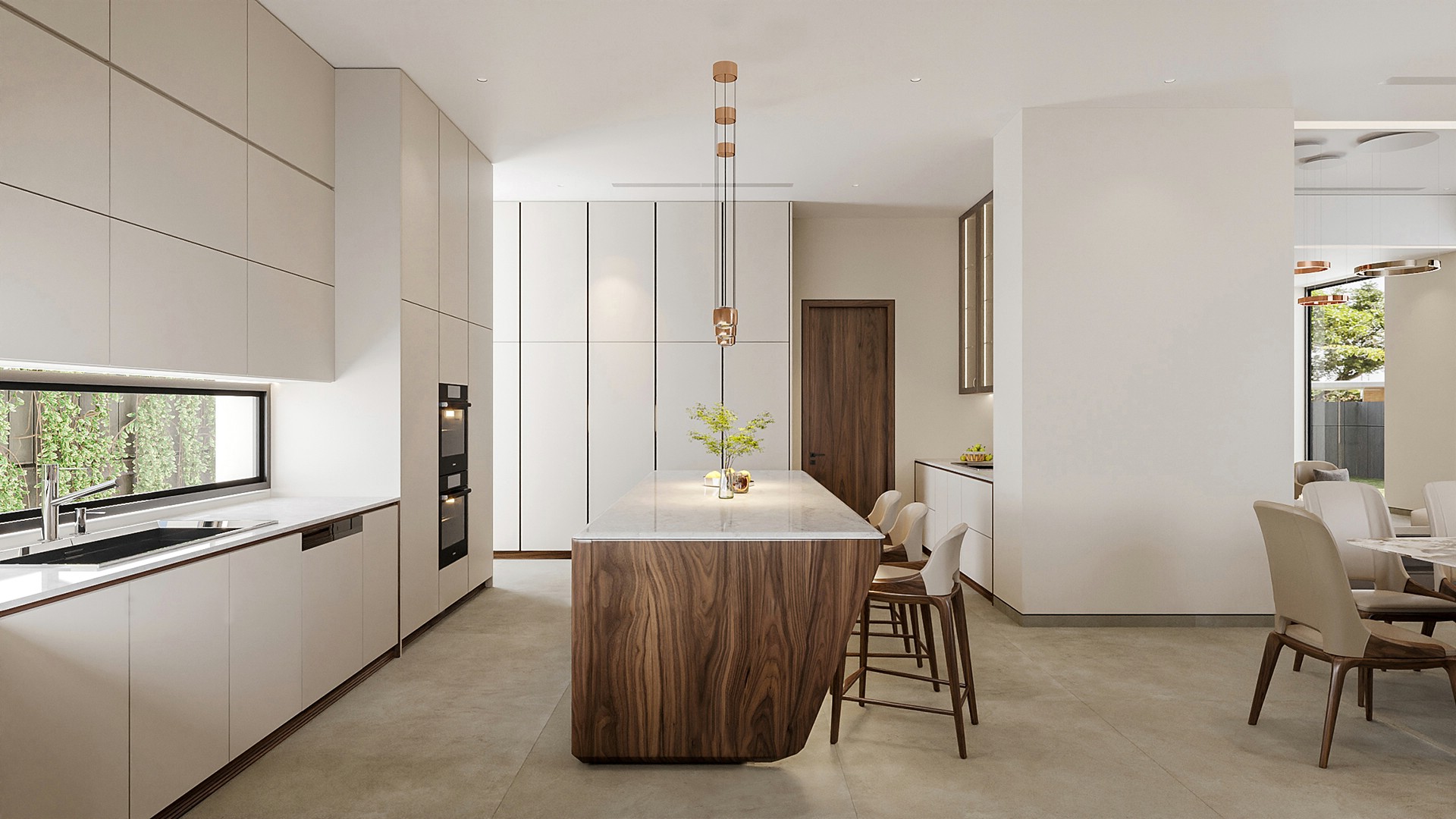 Quầy bar nhà bếp hình hộp chữ nhật với mặt đá granite trắng vân mây xám và khung gỗ óc chó sang trọng Quầy bar nhà bếp hình hộp chữ nhật với mặt đá granite trắng vân mây xám và khung gỗ óc chó sang trọng