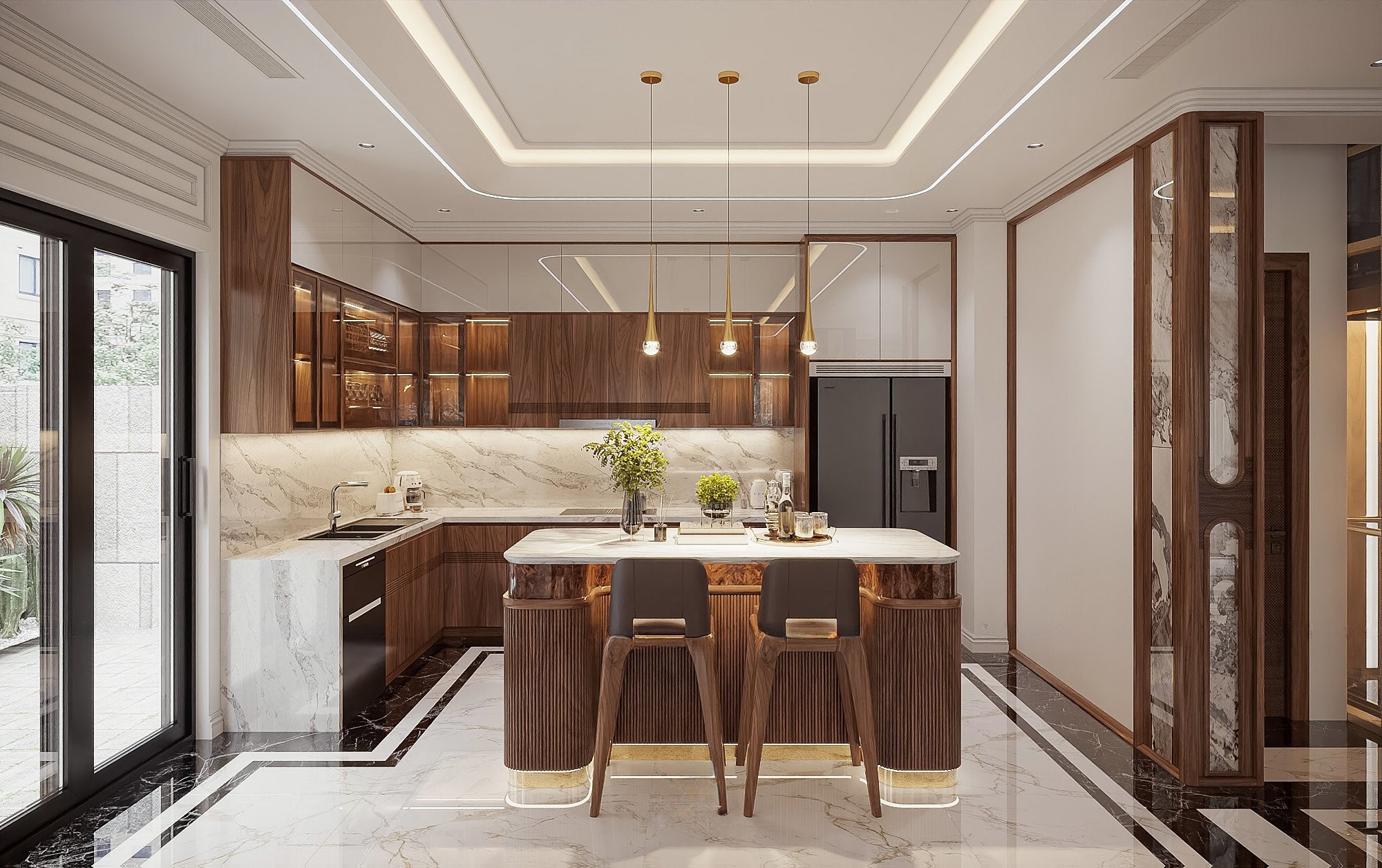 Quầy bar trong phòng bếp mặt đá granite trắng loang