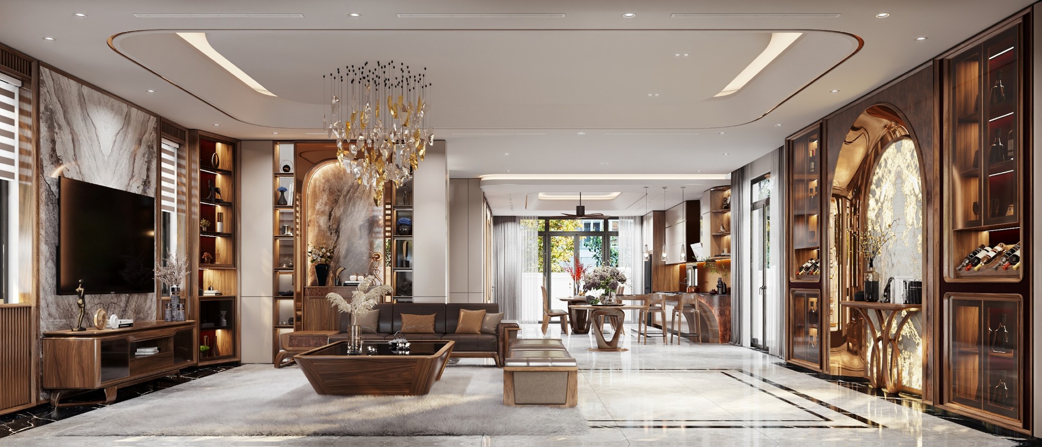 Showroom nội thất gỗ óc chó cao cấp cho phòng khách và phòng bếp