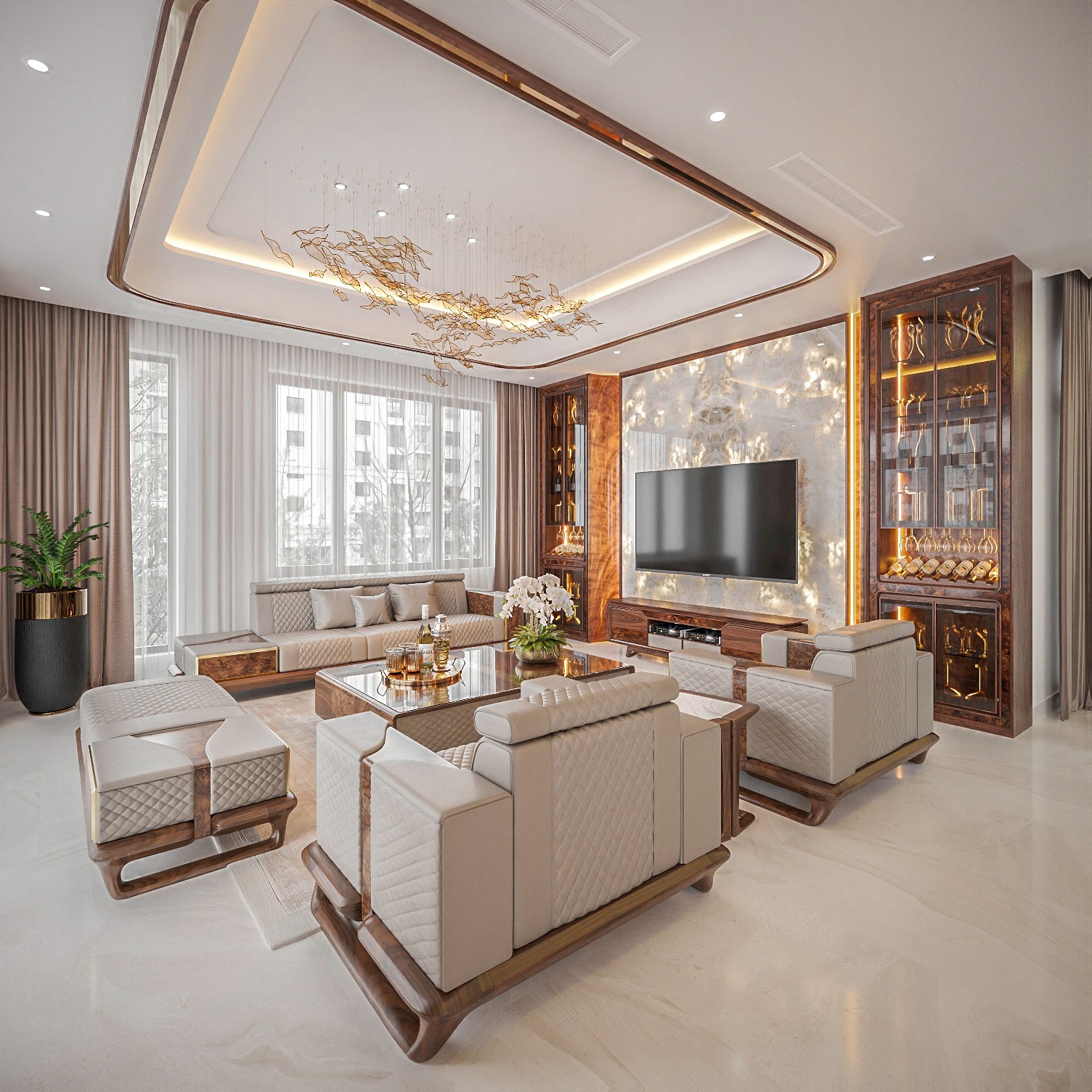 Sofa da gỗ óc chó phòng khách sang trọng