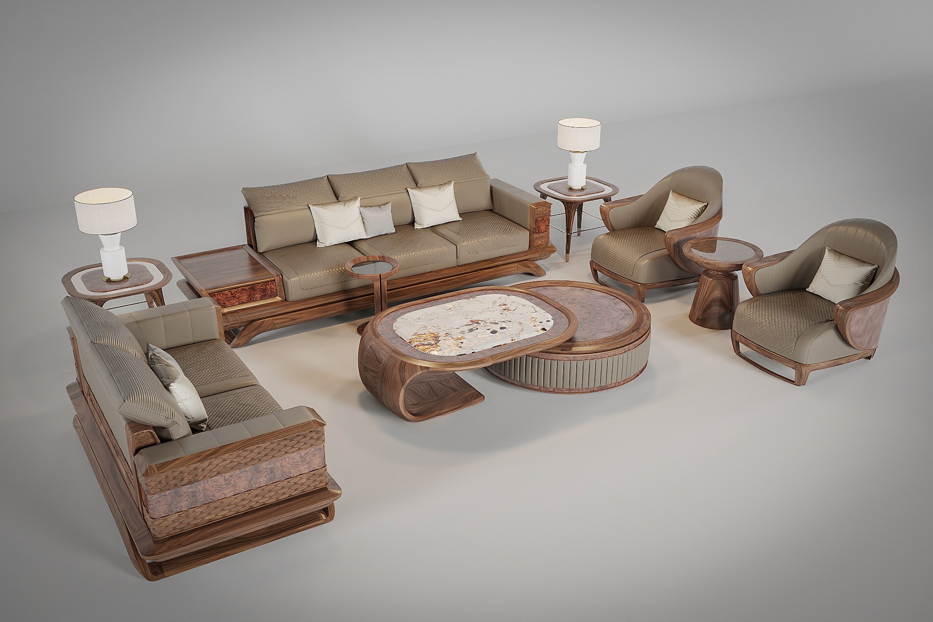 Sofa gỗ cao cấp hiện đại với đệm da ghi xám và bàn trà mặt đá marble trắng sang trọng Sofa gỗ cao cấp hiện đại với đệm da ghi xám và bàn trà mặt đá marble trắng sang trọng