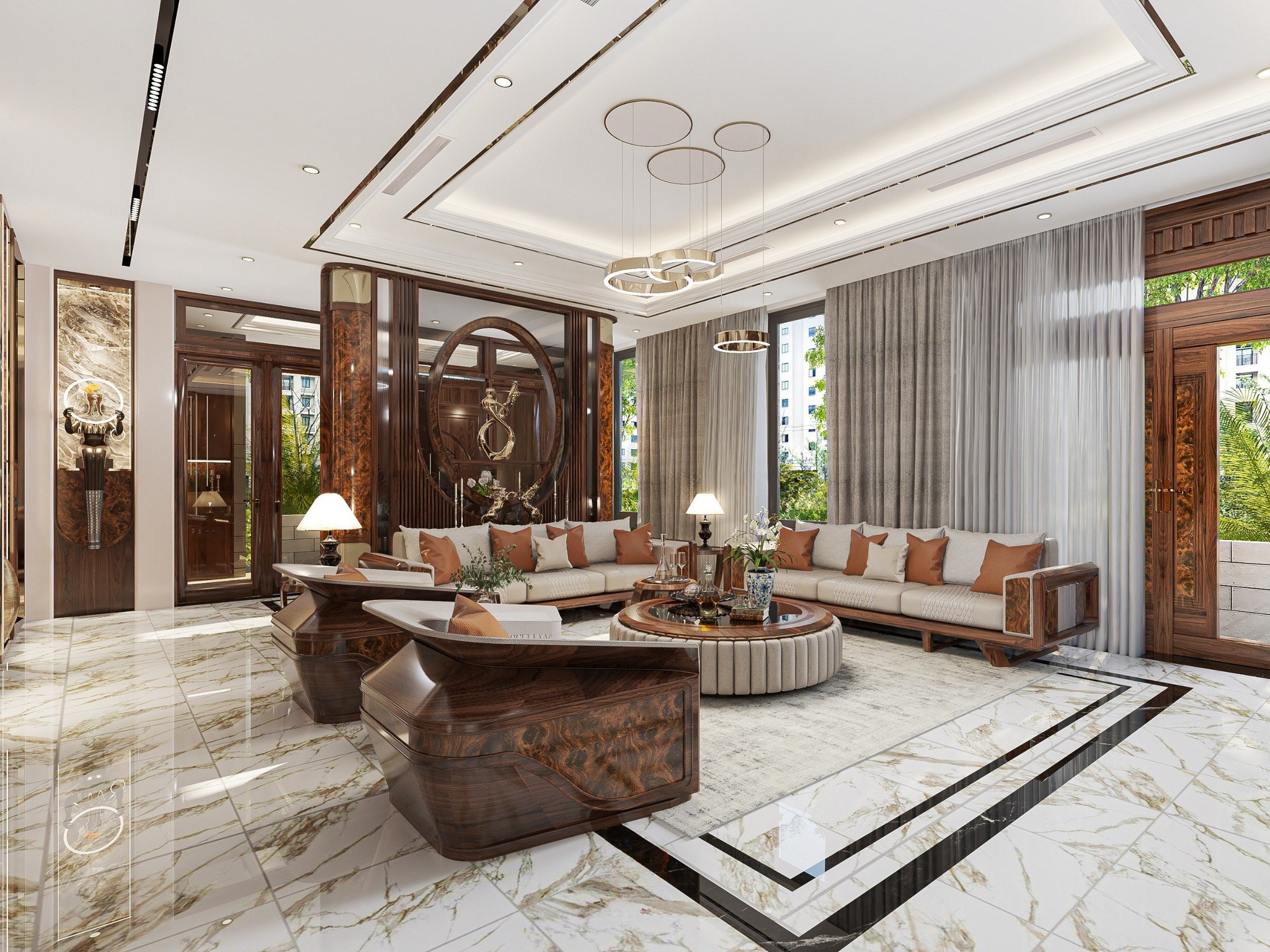 Sofa gỗ cao cấp gỗ óc chó với đệm da quả trám và bàn trà tròn mặt kính đen Sofa gỗ cao cấp gỗ óc chó với đệm da quả trám và bàn trà tròn mặt kính đen