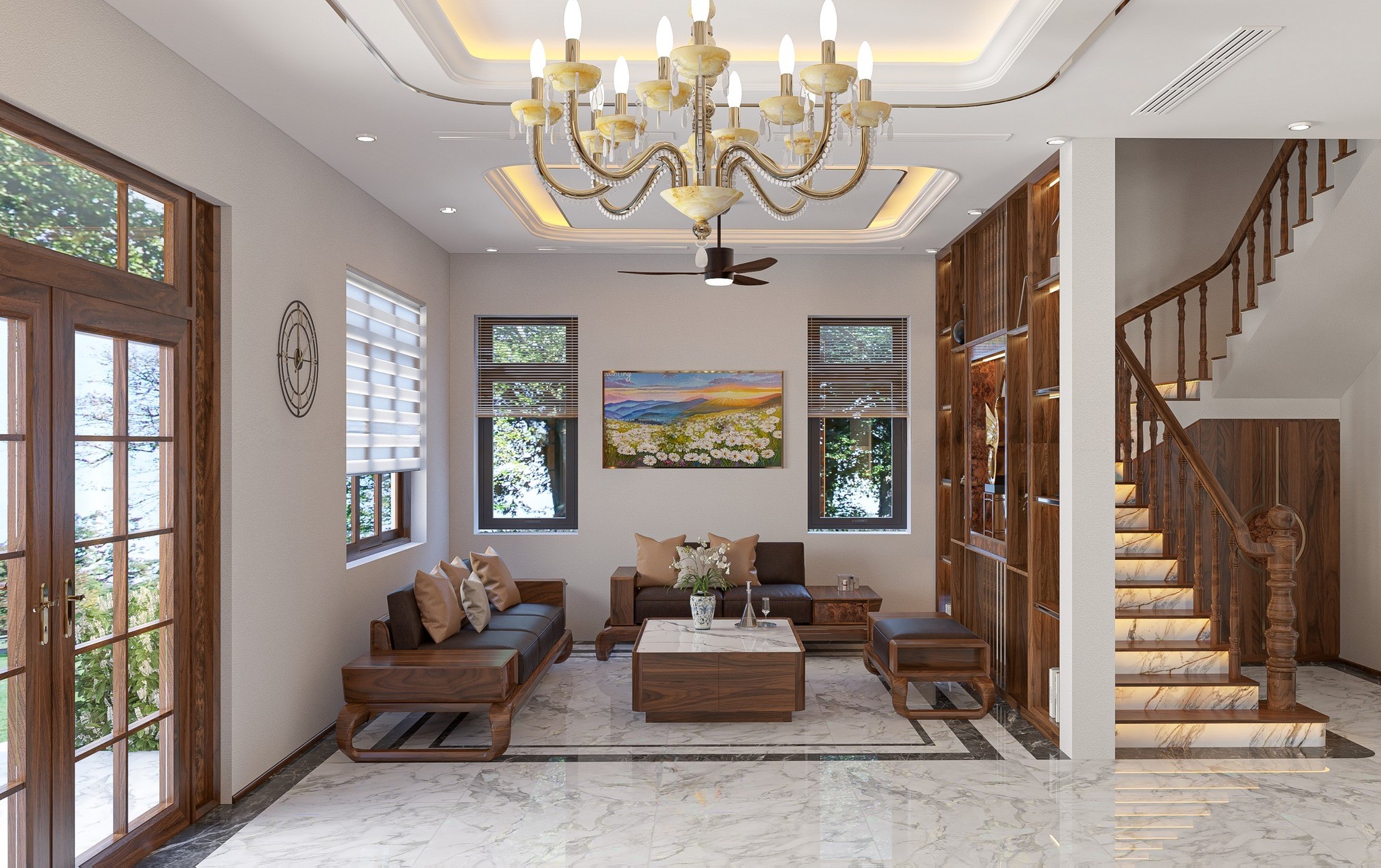 Sofa gỗ cho phòng khách nhỏ hẹp với bố cục tinh gọn, bàn trà mặt đá trắng loang xám Sofa gỗ cho phòng khách nhỏ hẹp với bố cục tinh gọn, bàn trà mặt đá trắng loang xám