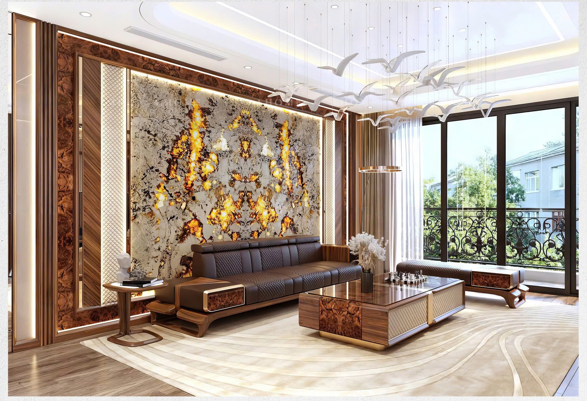 Sofa gỗ cho phòng khách nhỏ với sofa văng 3 chỗ, đệm da caro và bàn trà veneer nu kính trong Sofa gỗ cho phòng khách nhỏ với sofa văng 3 chỗ, đệm da caro và bàn trà veneer nu kính trong