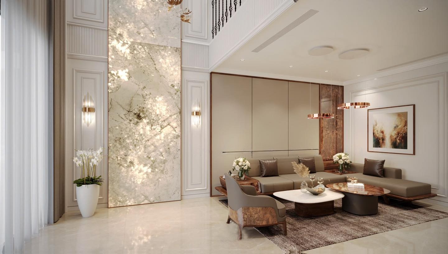 Sofa gỗ chữ L hiện đại sang trọng với bàn trà veneer nu và ghế đơn liền khối Mẫu sofa gỗ chữ L hiện đại bằng gỗ óc chó, đệm da PU và bàn trà veneer nu – đá trắng