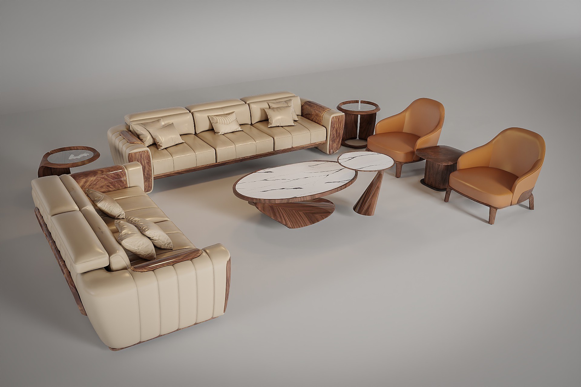 Sofa gỗ chữ U hiện đại với đệm da PU be đậm và ghế đơn cam đất Sofa gỗ chữ U hiện đại với đệm da PU be đậm và ghế đơn cam đất