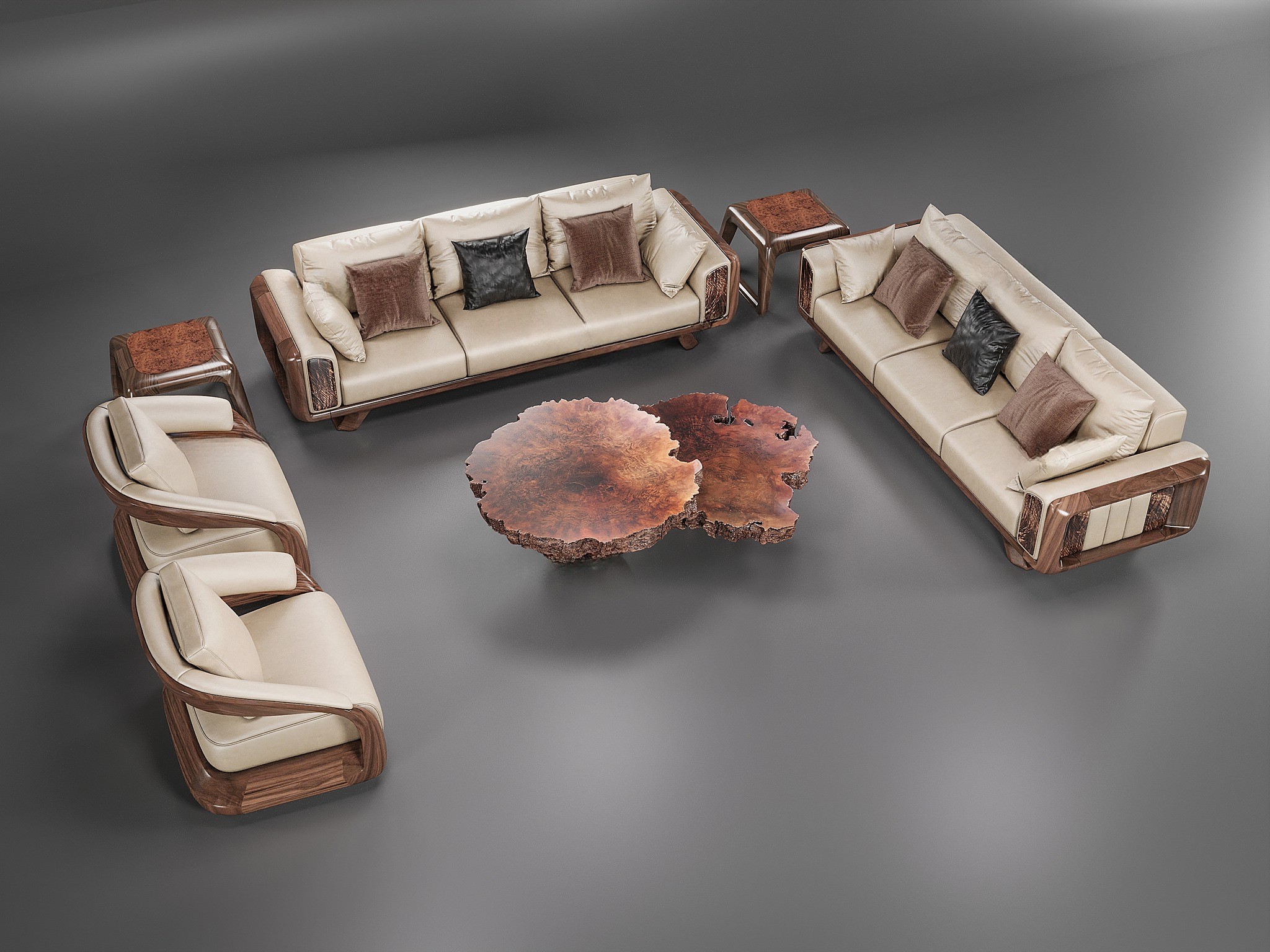 Sofa gỗ chữ U gỗ óc chó nâu đậm đệm da PU màu be sang trọng