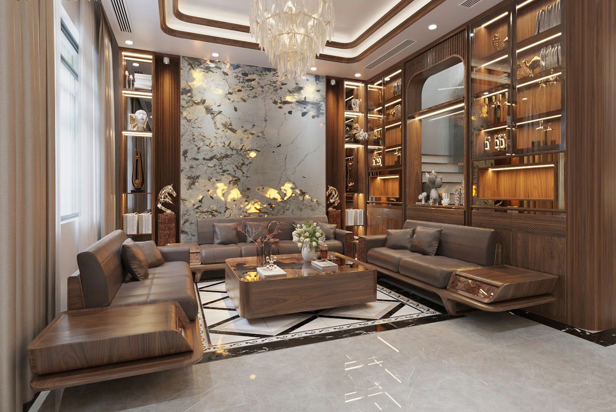 Sofa gỗ da phòng khách hình chữ U với bàn trà epoxy và đệm da nâu chocolate Sofa gỗ da phòng khách hình chữ U với bàn trà epoxy và đệm da nâu chocolate