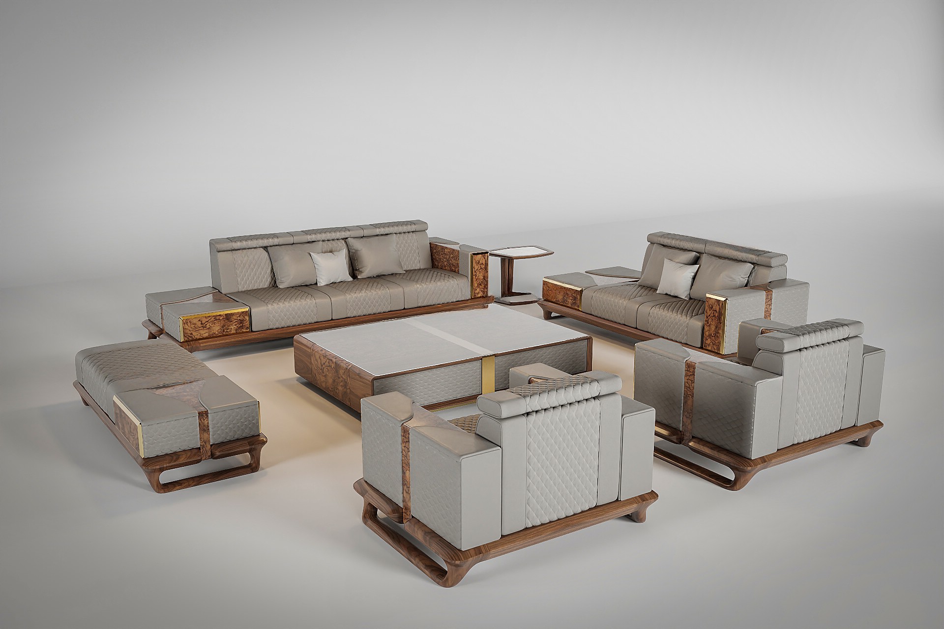 Bộ sofa gỗ đẹp hiện đại với đệm da ghi đá và bàn trà gỗ kính sang trọng Bộ sofa gỗ đẹp hiện đại với đệm da ghi đá và bàn trà gỗ kính sang trọng