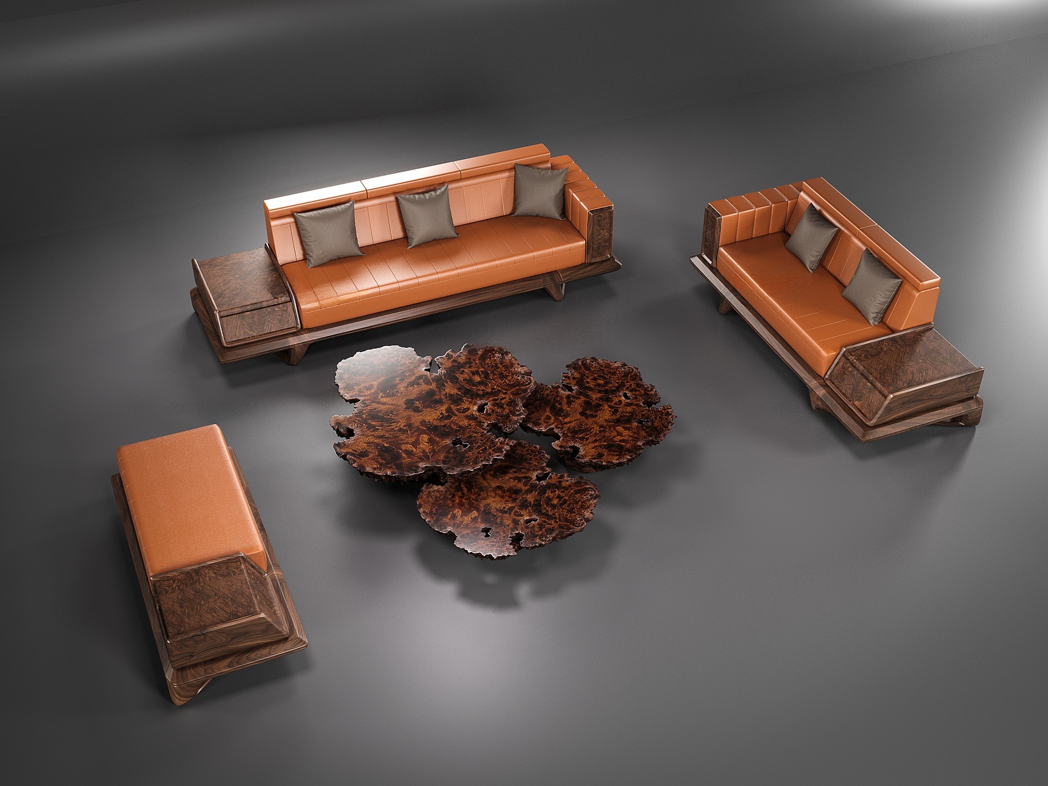Sofa gỗ đơn giản đẹp hiện đại với bàn trà epoxy giả gỗ và tab ốp veneer nu Mẫu sofa gỗ đơn giản đẹp màu nâu đậm với đệm da PU cam đất và bàn trà epoxy thân cây