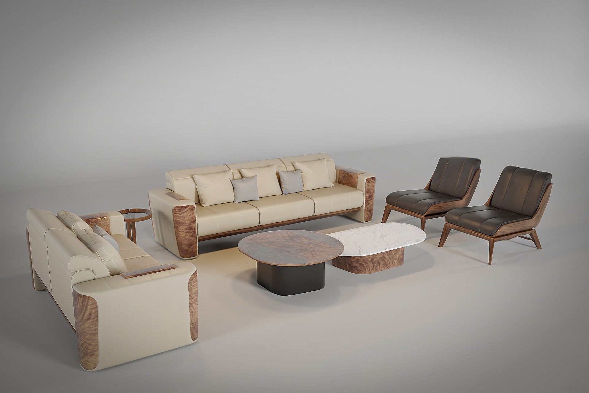 Sofa gỗ đơn giản hiện đại bọc da trắng be, ghế đơn da đen và bàn trà mặt đá granite Sofa gỗ đơn giản hiện đại bọc da trắng be, ghế đơn da đen và bàn trà mặt đá granite